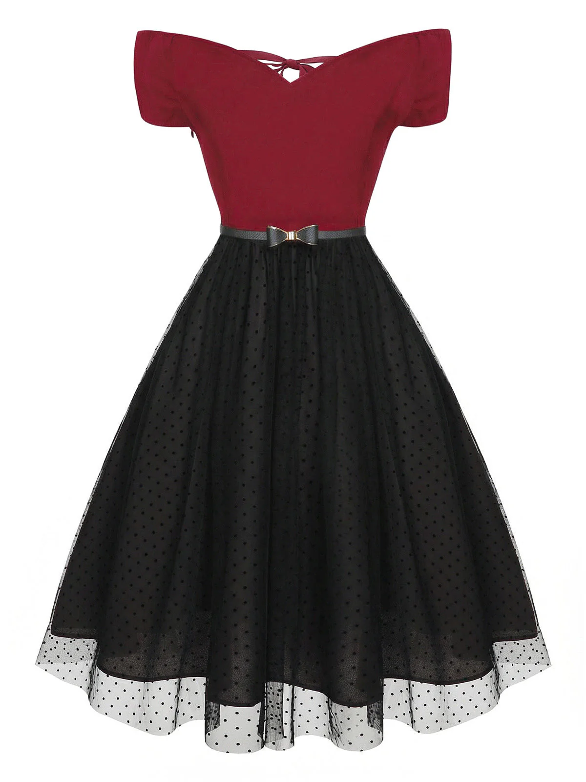 Robe rouge vin à épaules dénudées à pois des années 1950 - Image 6