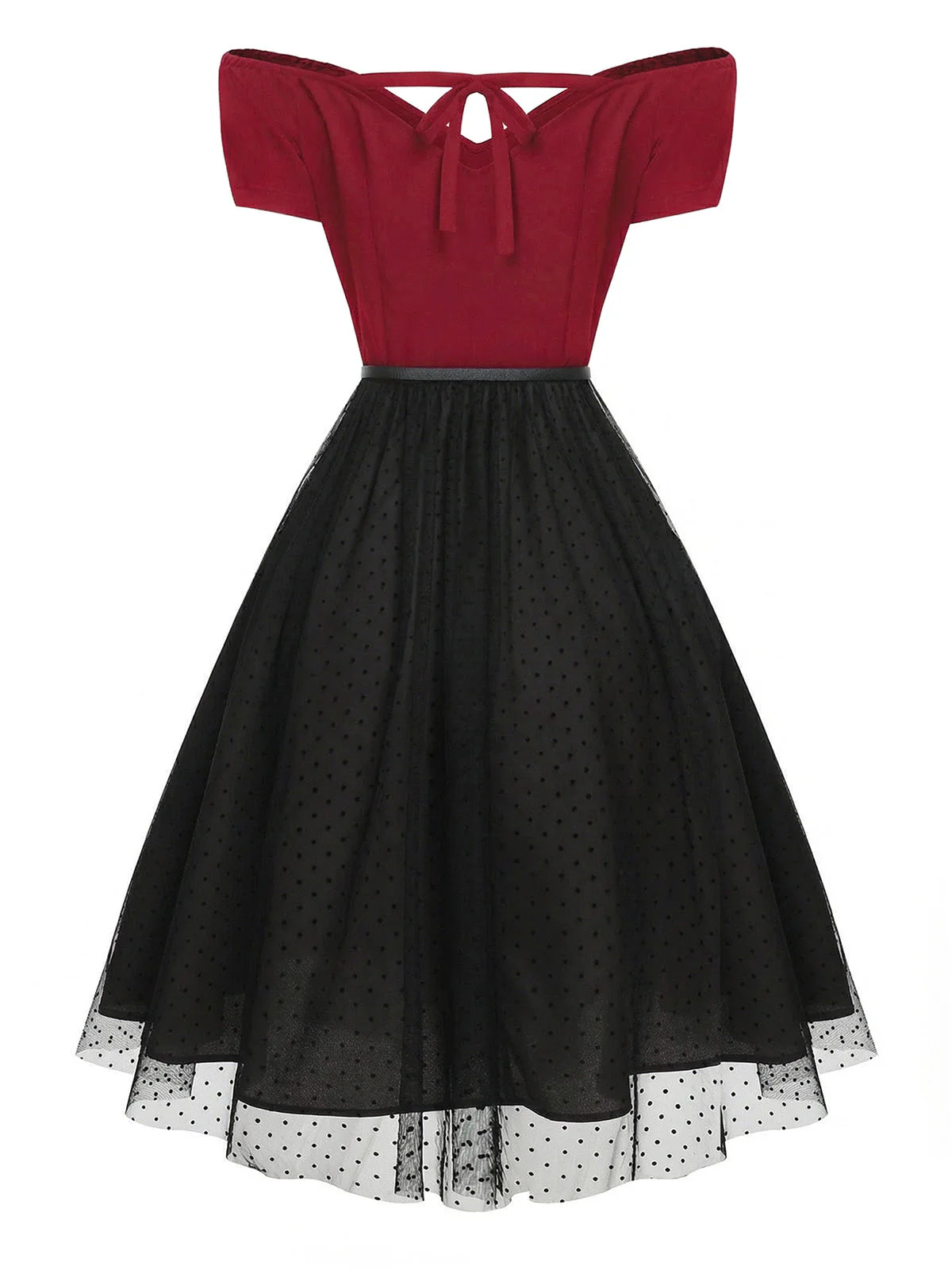 Robe rouge vin à épaules dénudées à pois des années 1950 - Image 7
