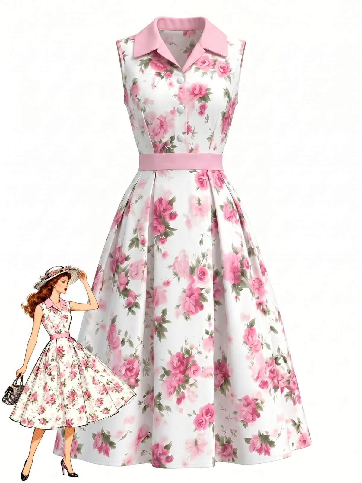 Robe Sans Manches Boutonné Col Revers Rose Années 1950