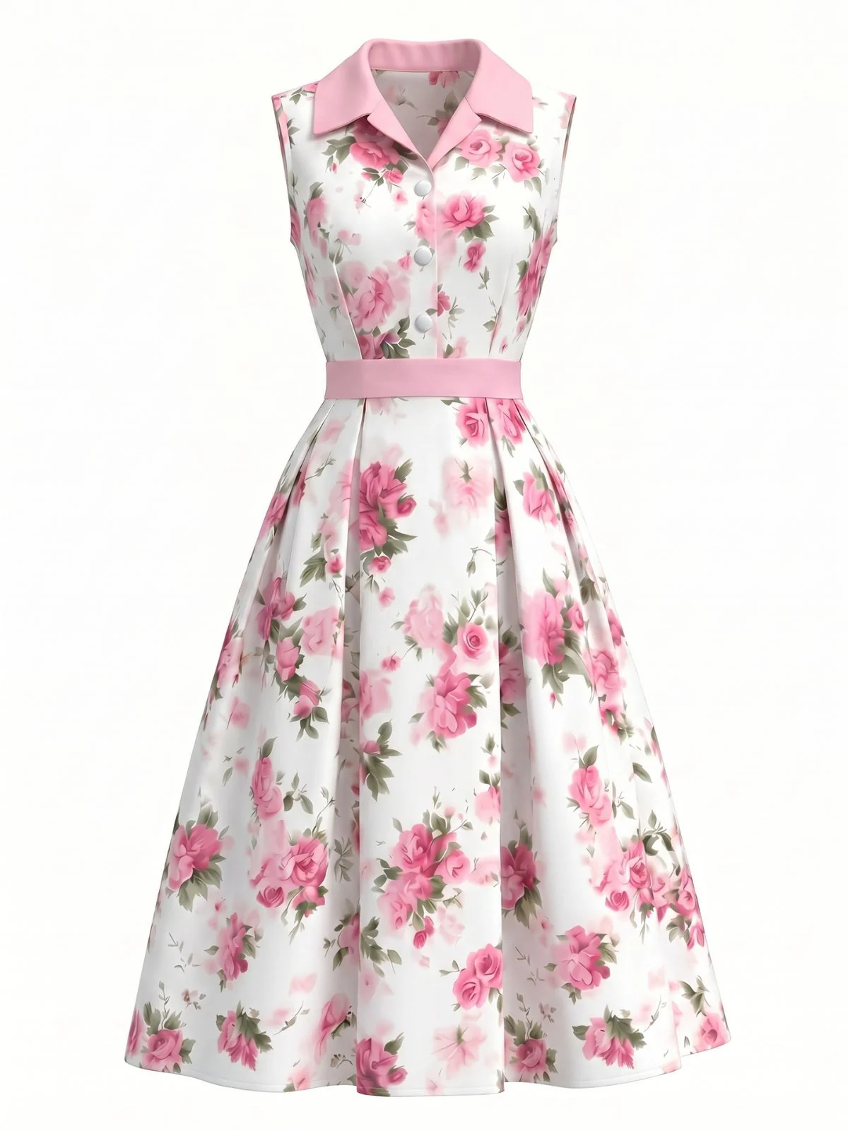 Robe Sans Manches Boutonné Col Revers Rose Années 1950 - Image 2