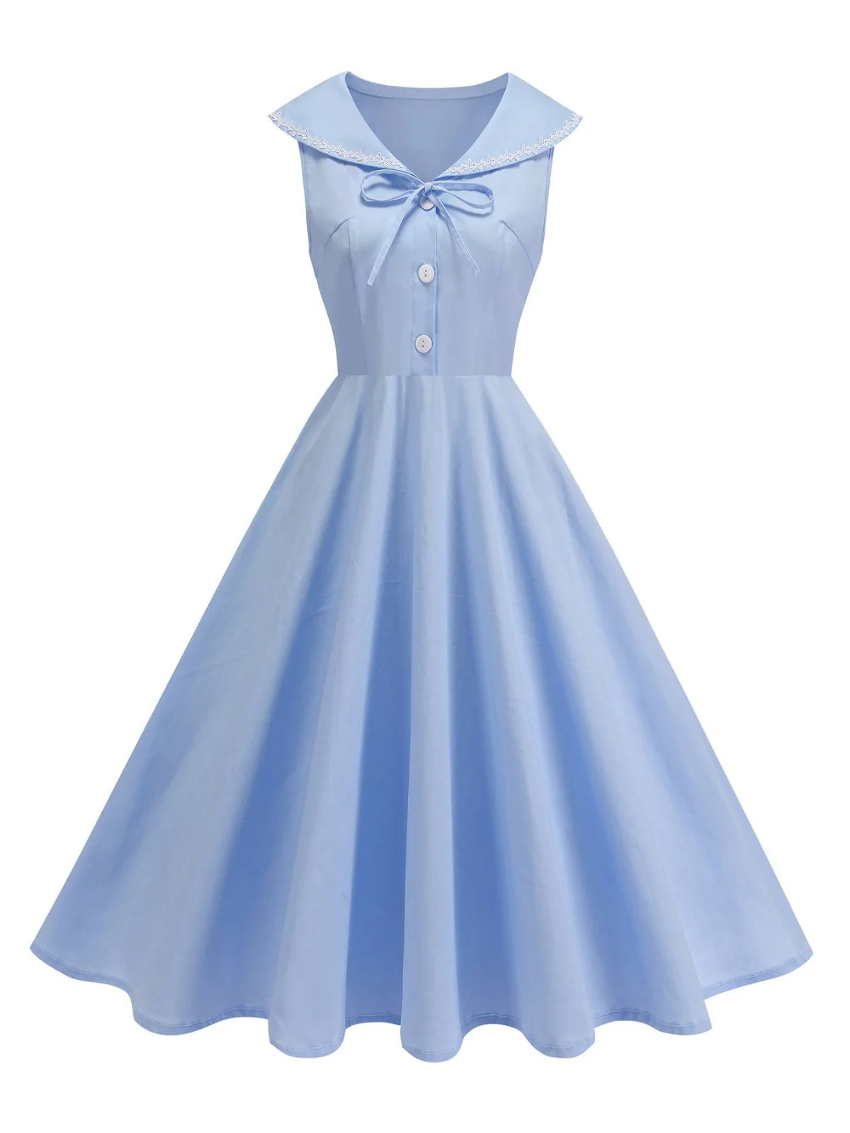 Robe sans manches col marin et nœud papillon couleur unie années 1950