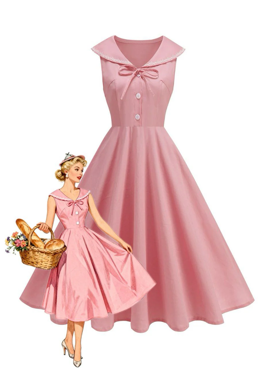 Robe sans manches col marin et nœud papillon couleur unie années 1950 - Image 19
