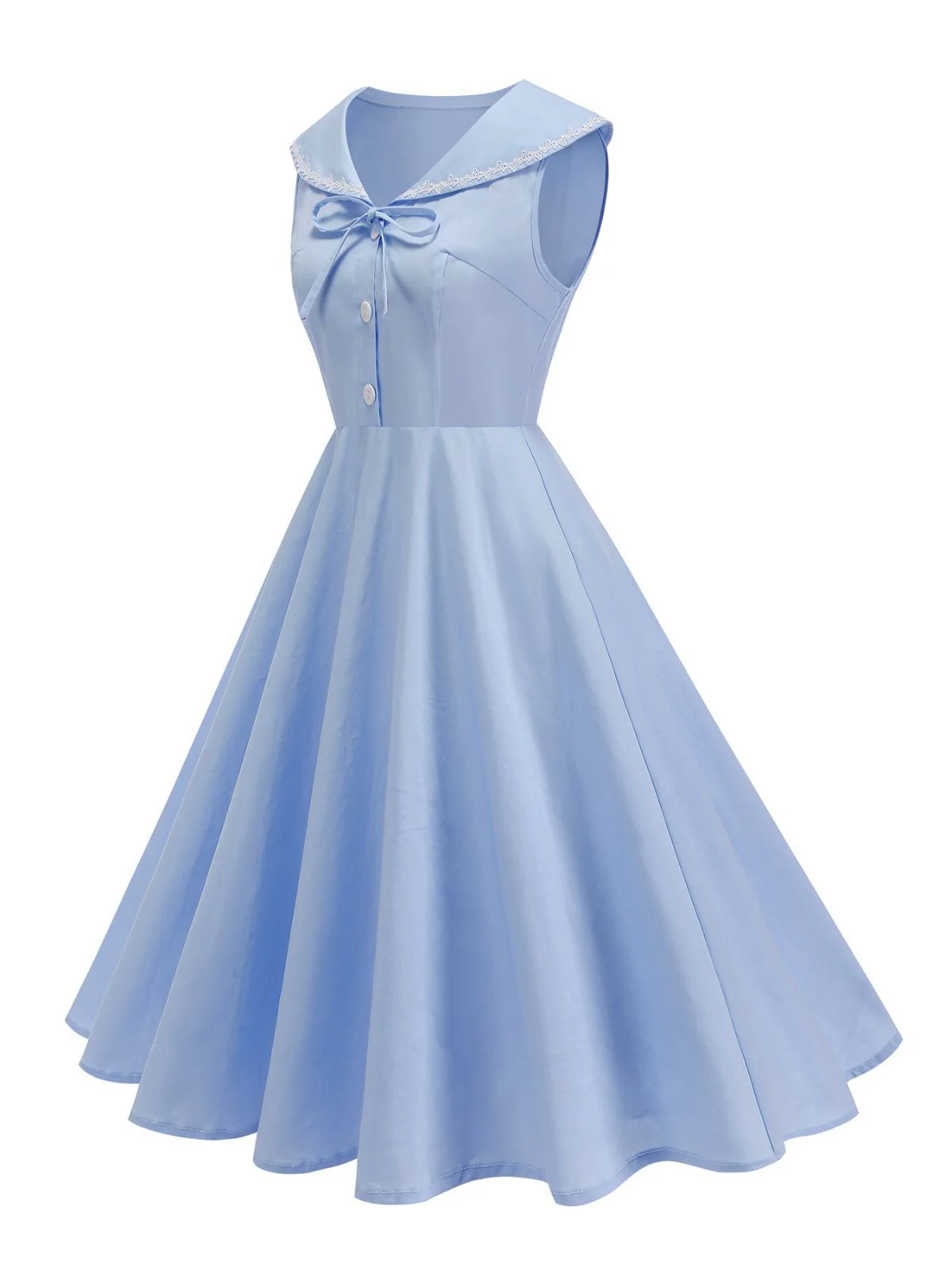 Robe sans manches col marin et nœud papillon couleur unie années 1950 - Image 2