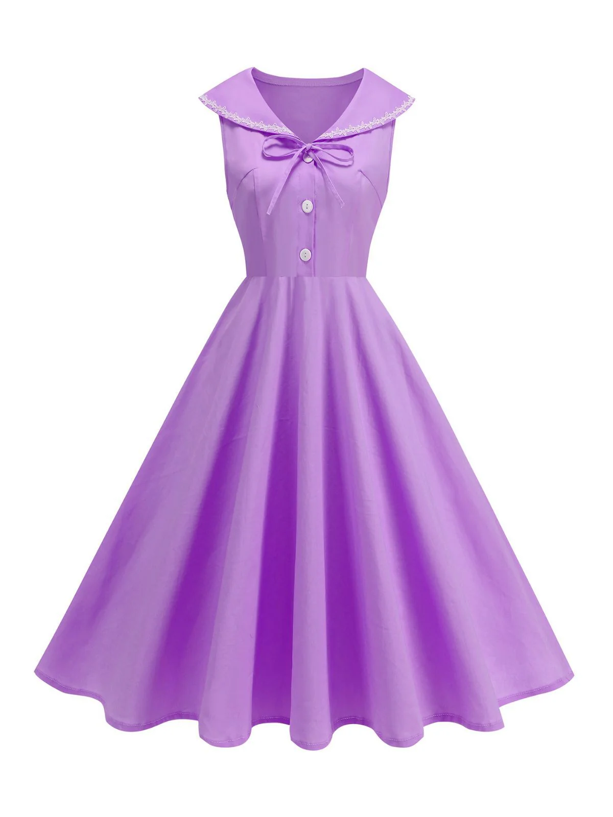 Robe sans manches col marin et nœud papillon couleur unie années 1950 - Image 7