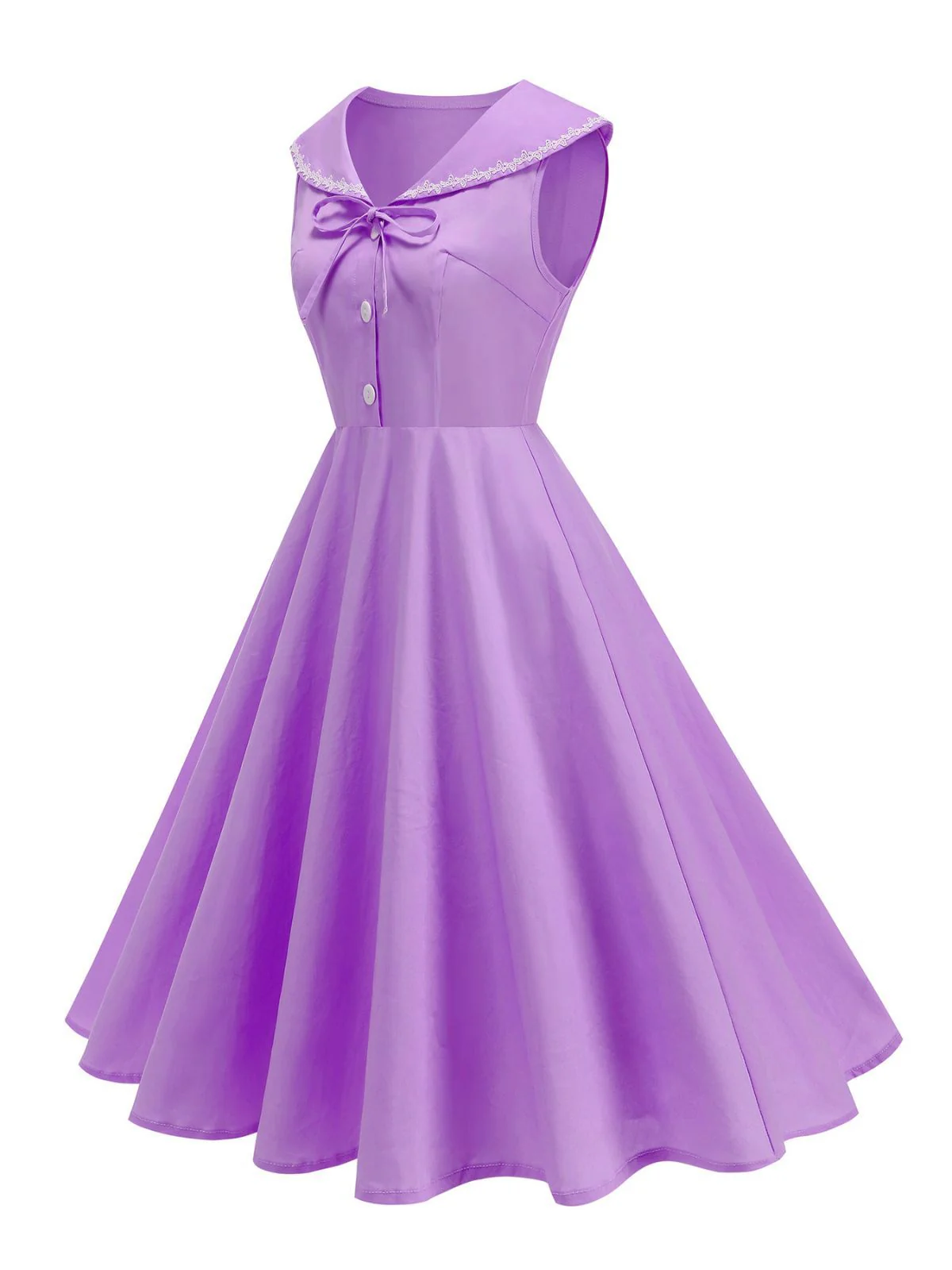 Robe sans manches col marin et nœud papillon couleur unie années 1950 - Image 8