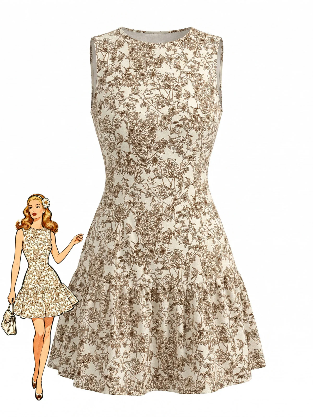 Robe Sans Manches Col Rond Petites Fleurs Années 1950