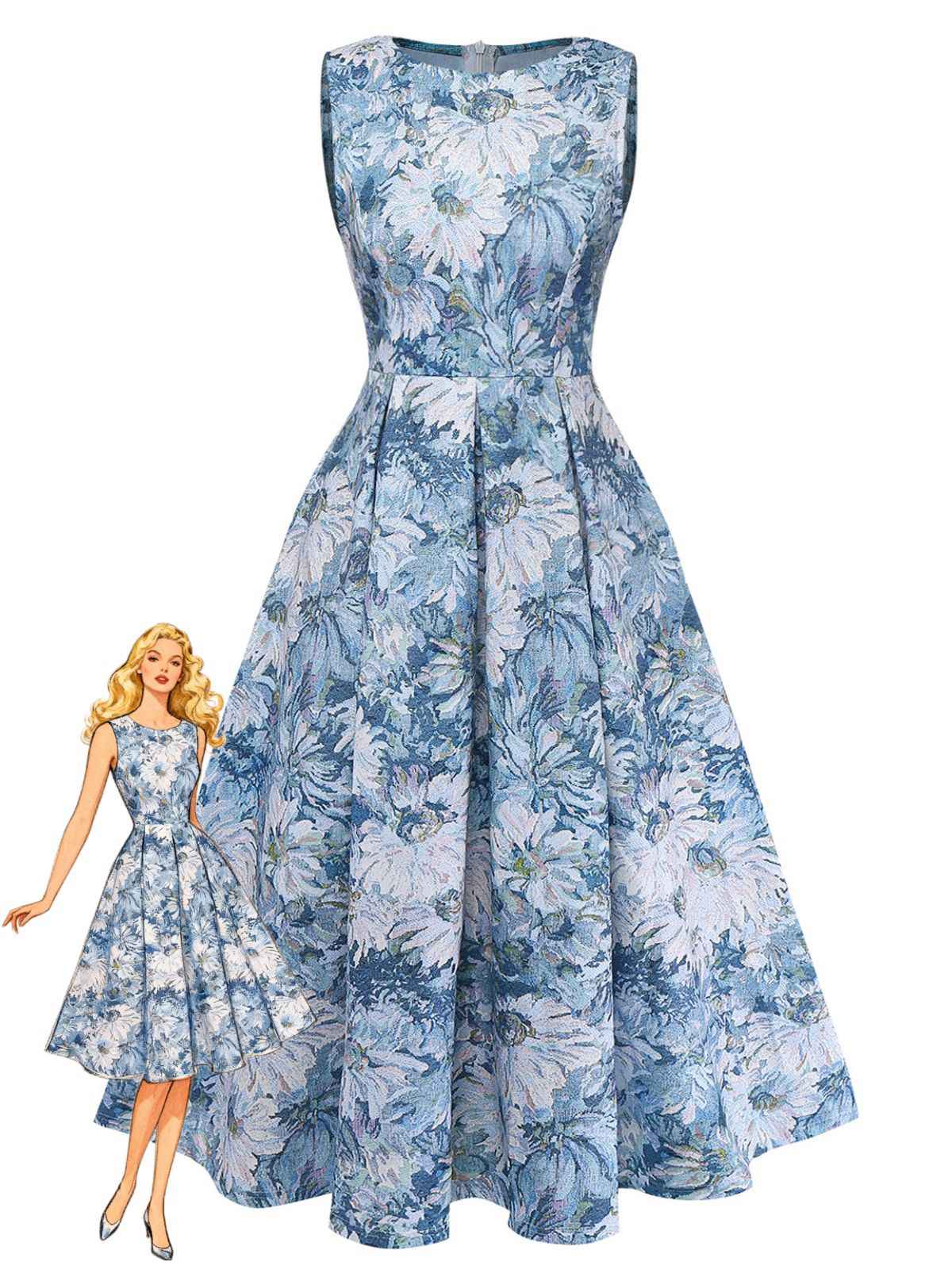 Robe sans manches imprimé floral huile 1950s