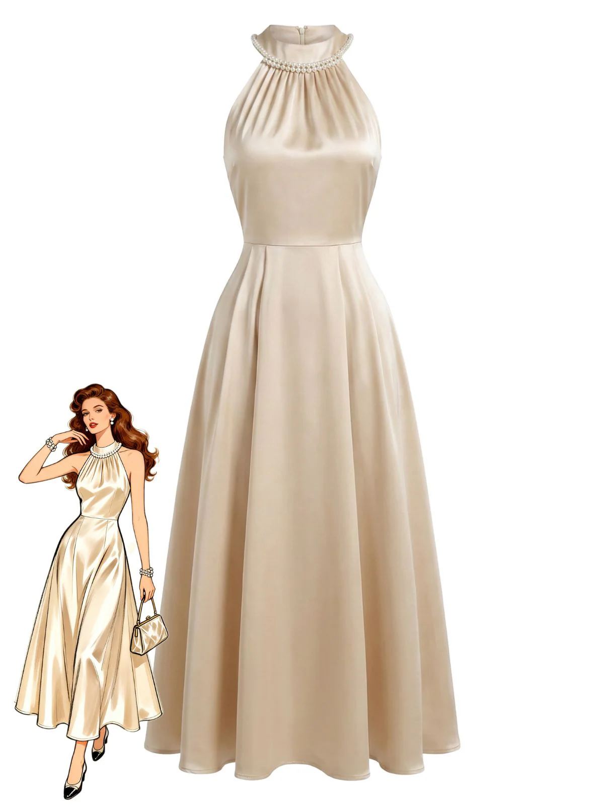 Robe Satin Perle Sans Manches Champagne Années 1930
