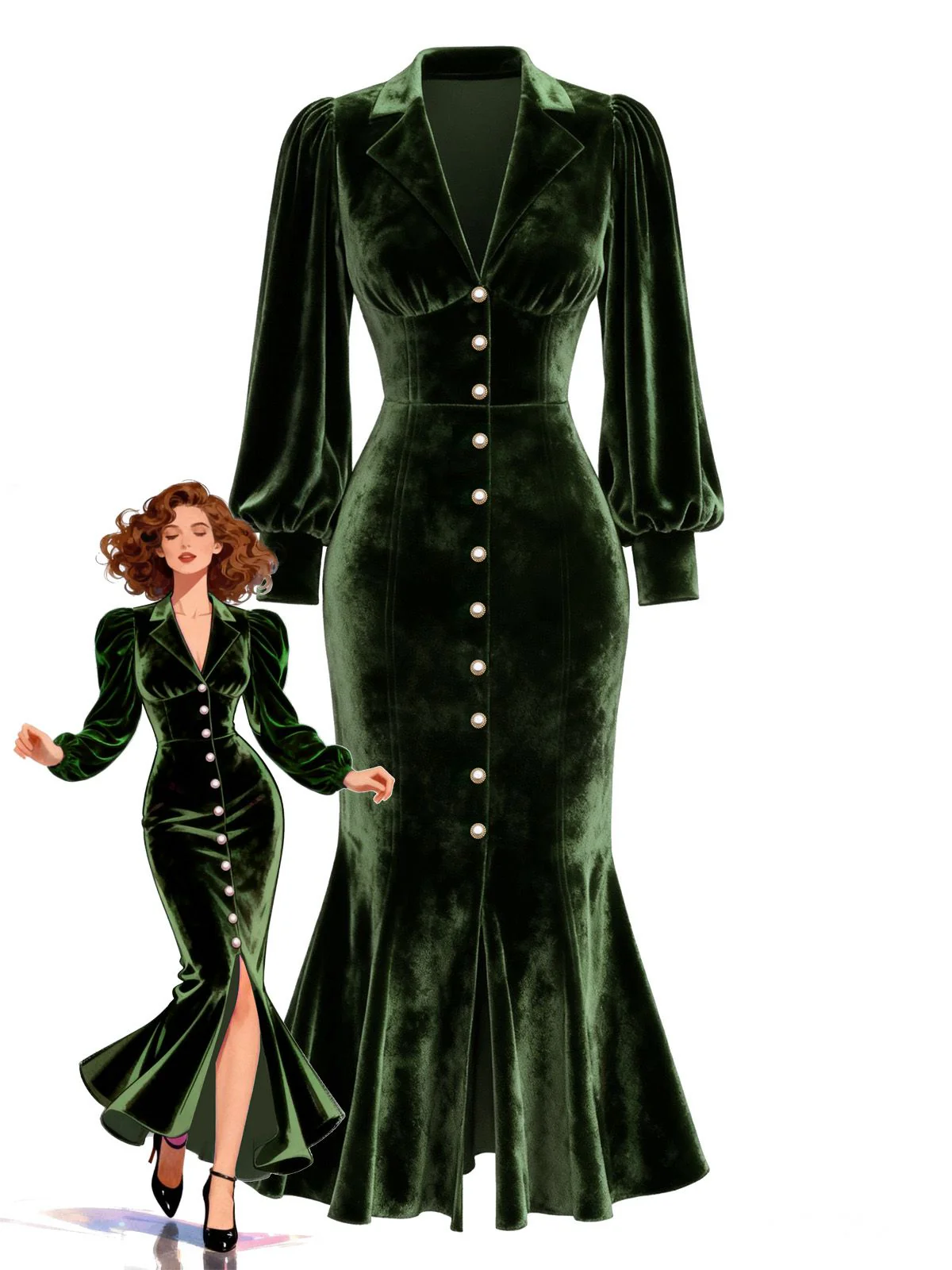 Robe sirène en velours vert ornée de perles manches lanternes années 1930