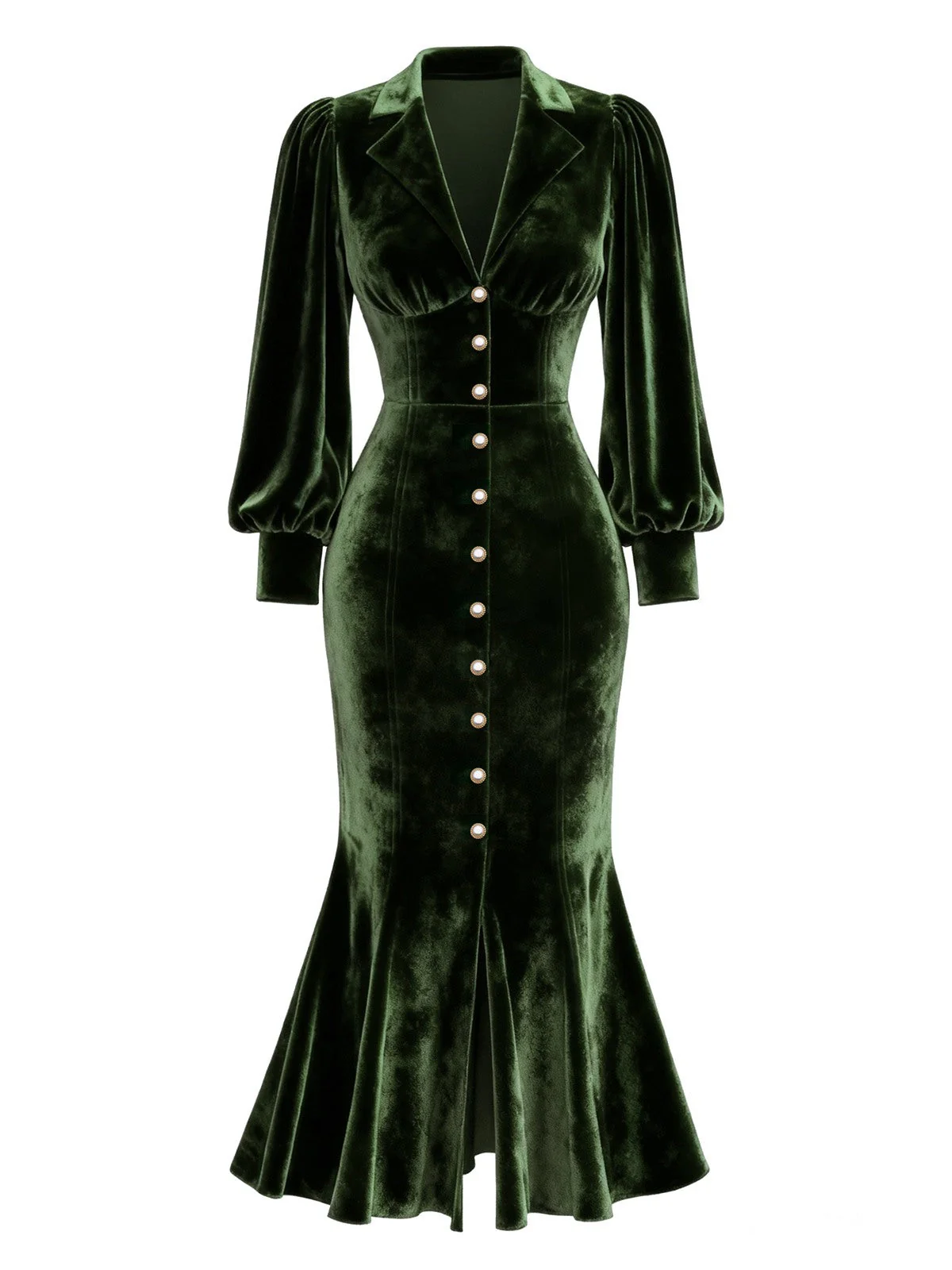 Robe sirène en velours vert ornée de perles manches lanternes années 1930 - Image 4