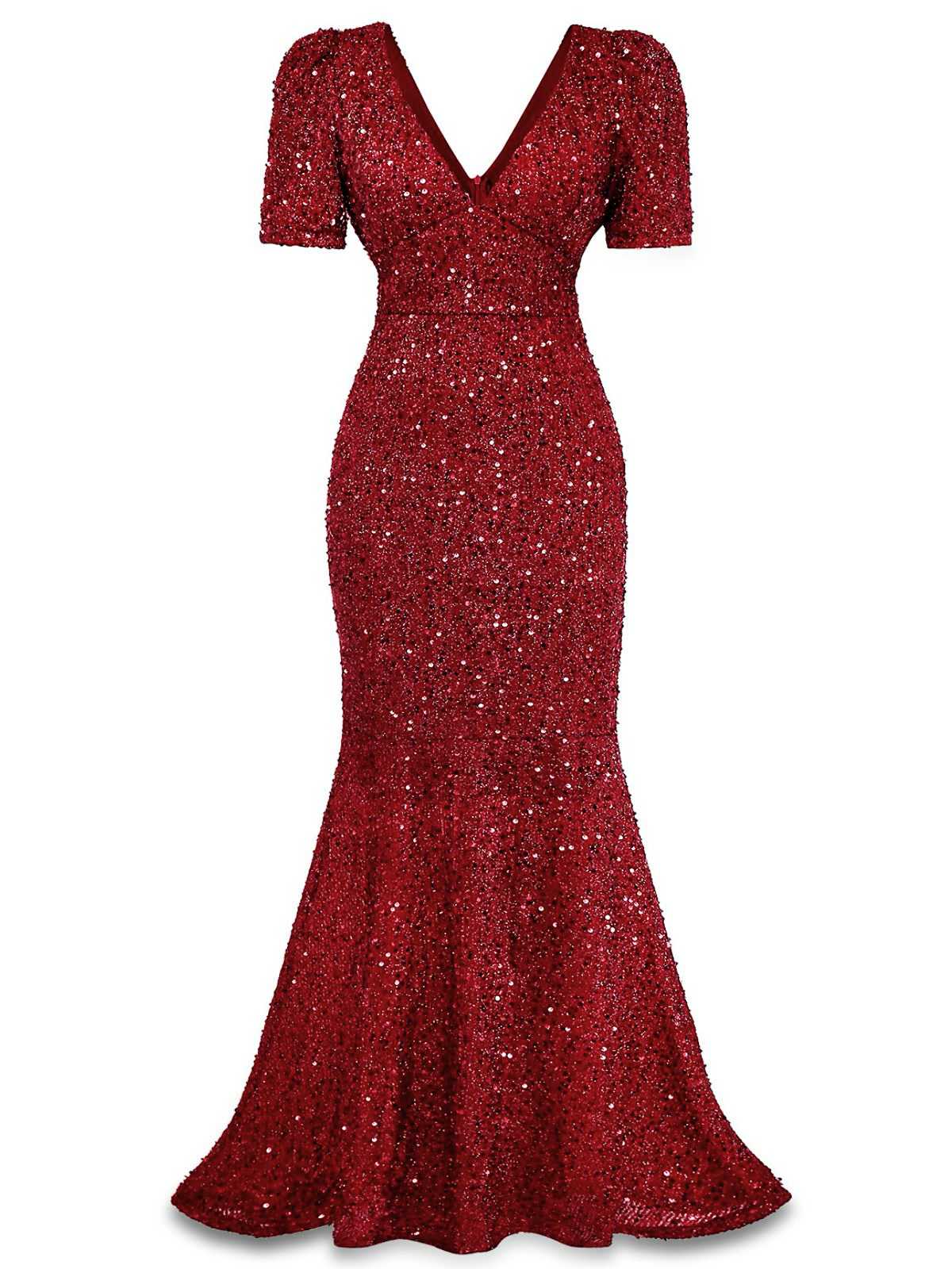Robe sirène longue à paillettes et nœud rouge vin années 30 - Image 2