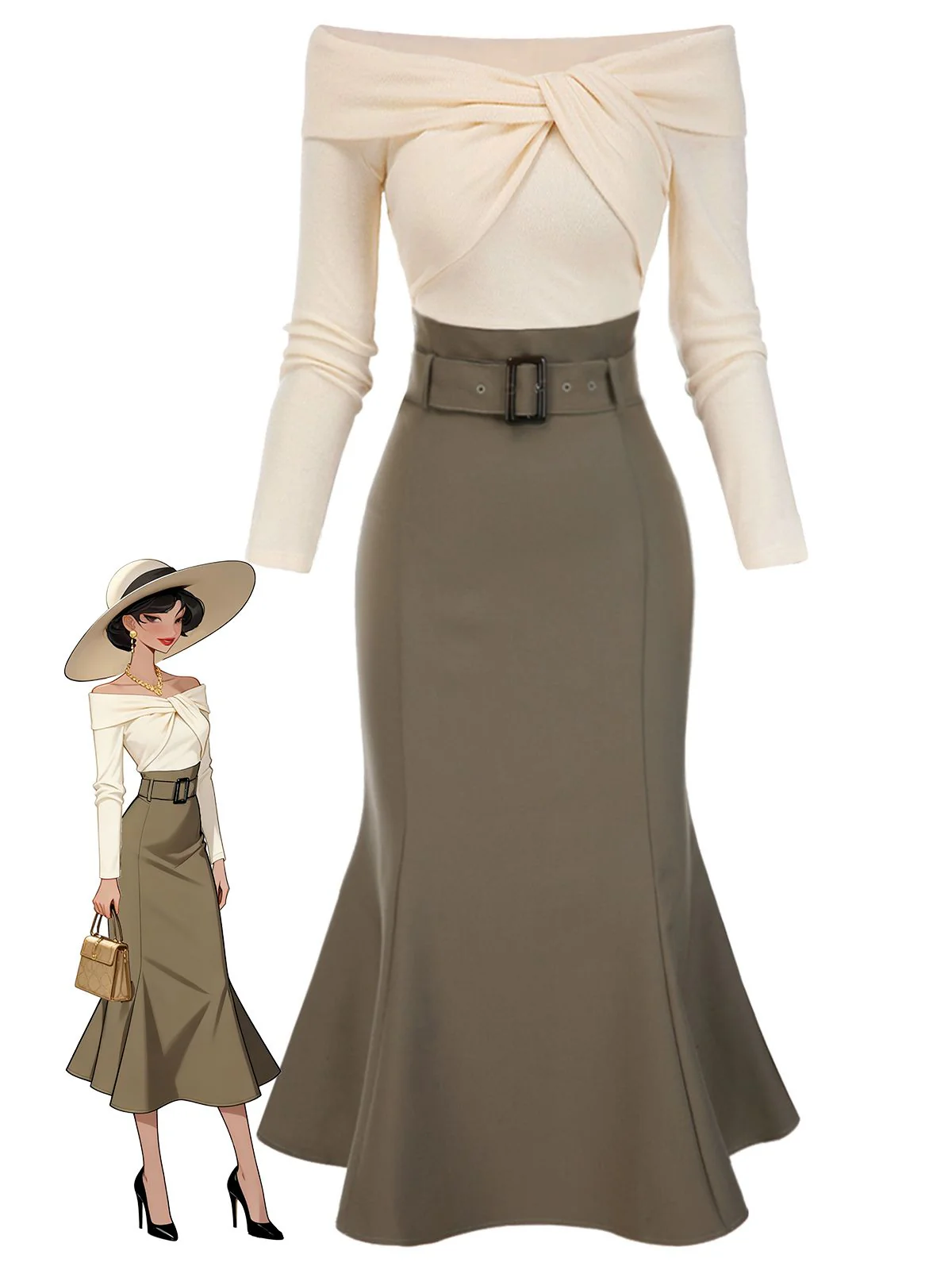 Robe sirène torsadée épaules dénudées kaki avec ceinture des années 1930