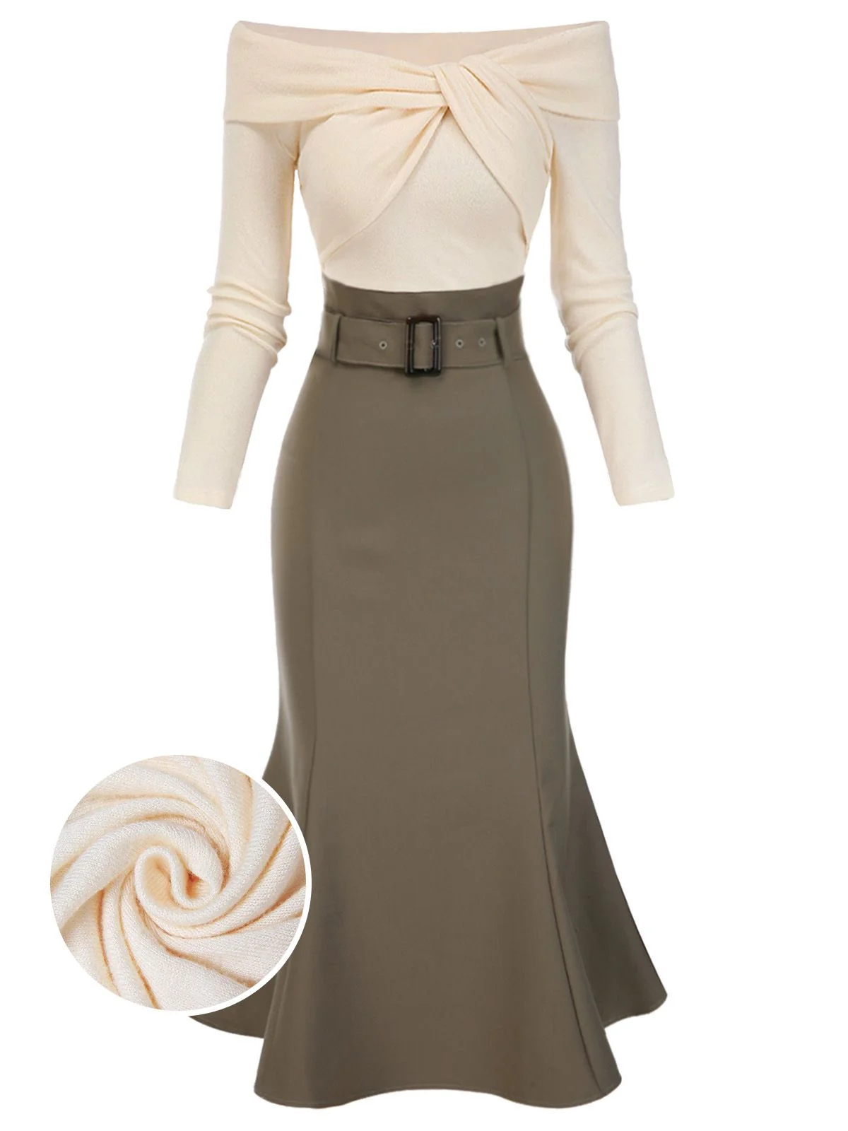Robe sirène torsadée épaules dénudées kaki avec ceinture des années 1930 - Image 3