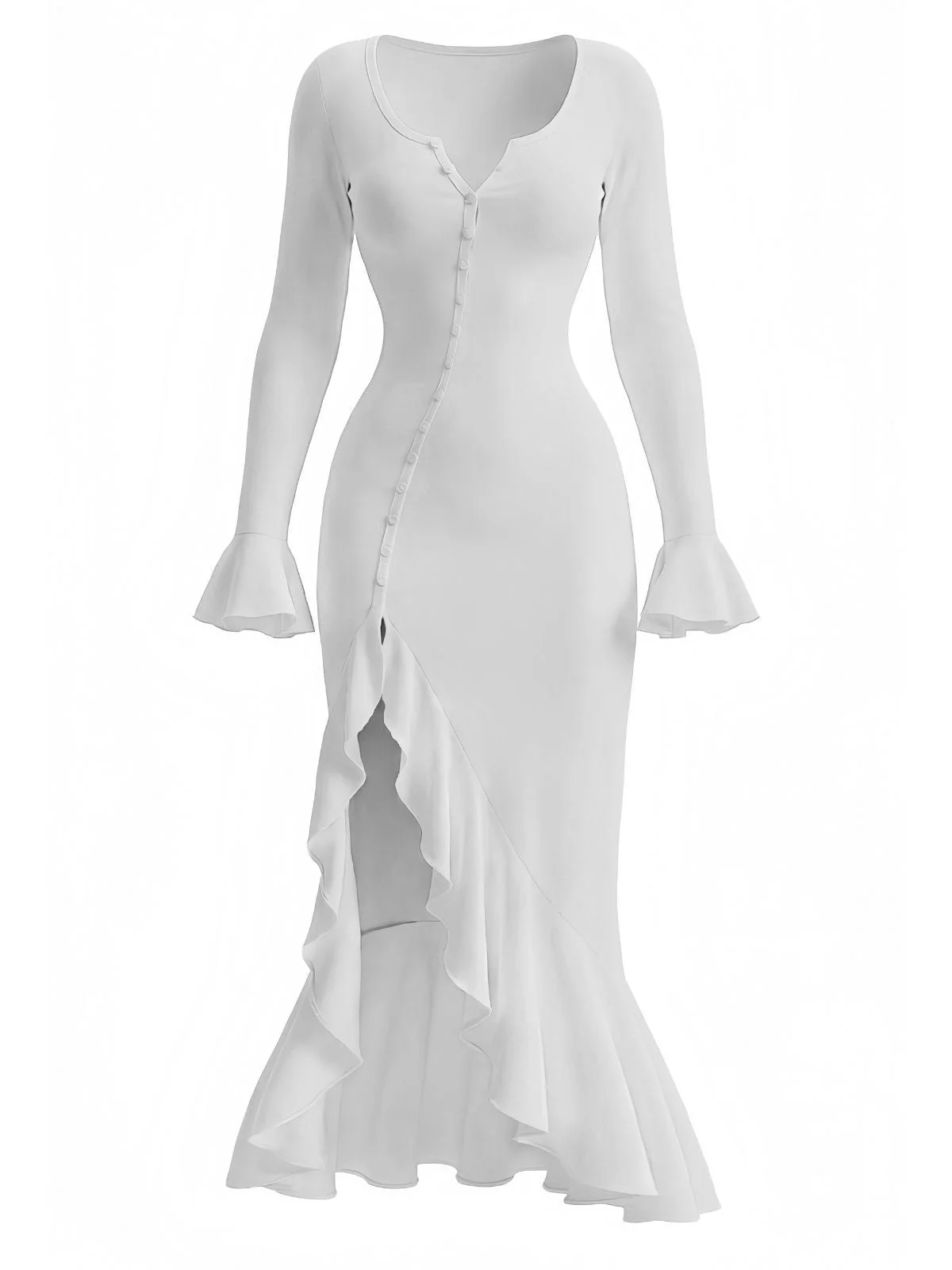 Robe sirène à volants boutons et fente latérale des années 1930 - Image 5