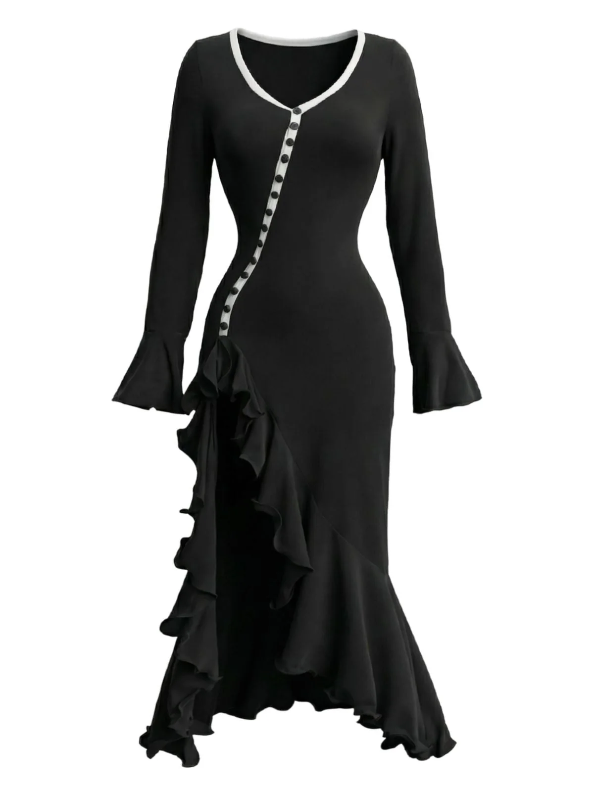 Robe sirène à volants boutons et fente latérale des années 1930 - Image 7