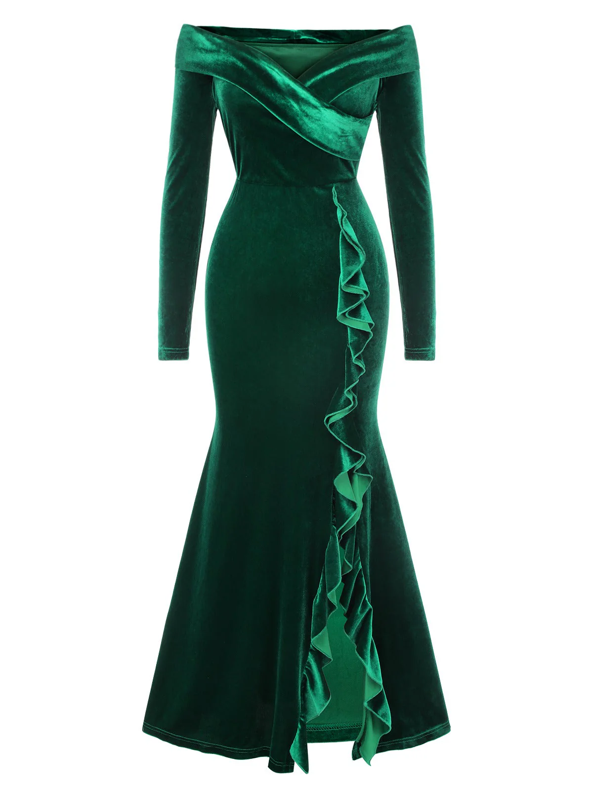 Robe sirène à volants et épaules dénudées en velours vert des années 1930 - Image 2