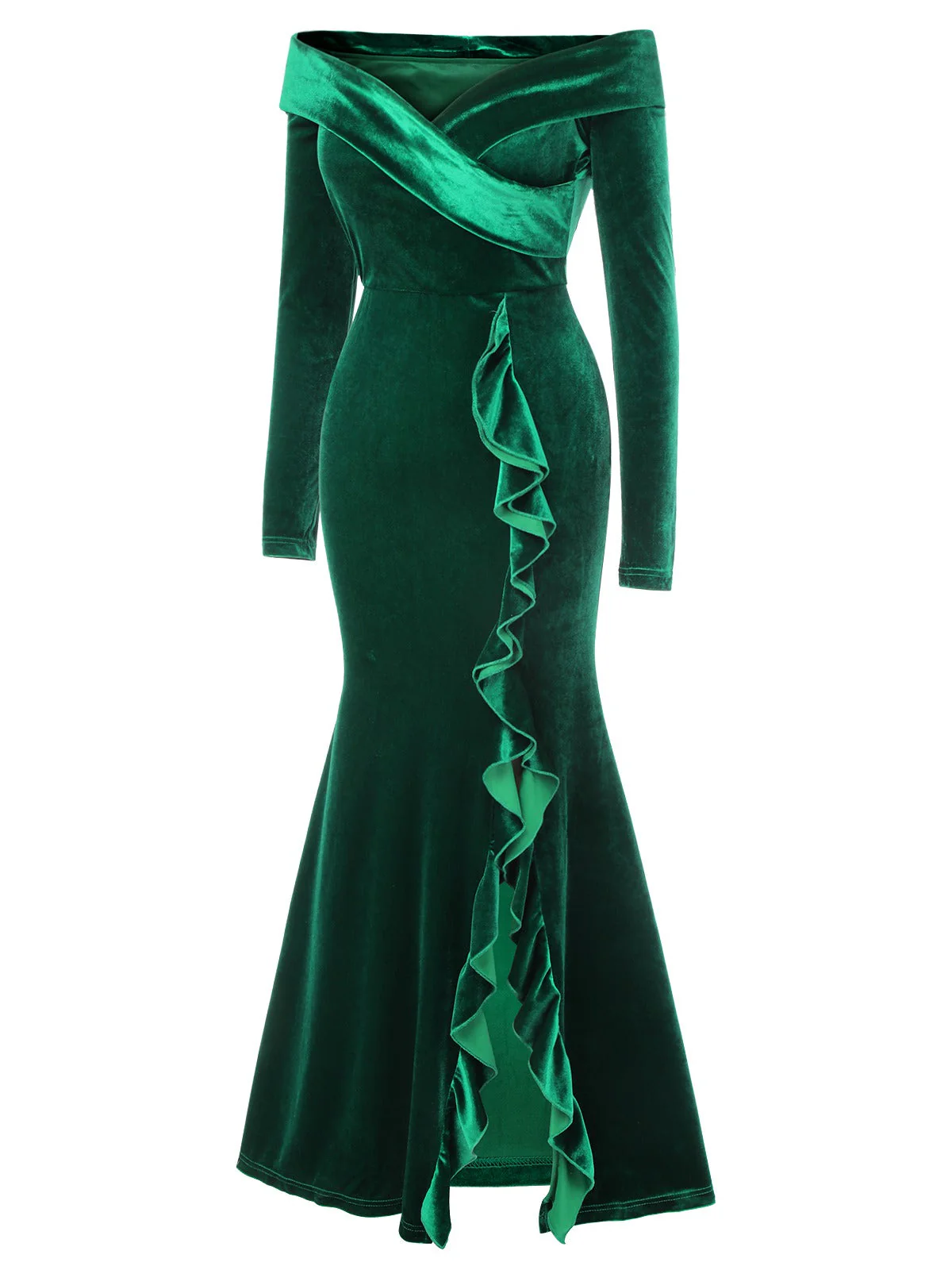 Robe sirène à volants et épaules dénudées en velours vert des années 1930 - Image 3