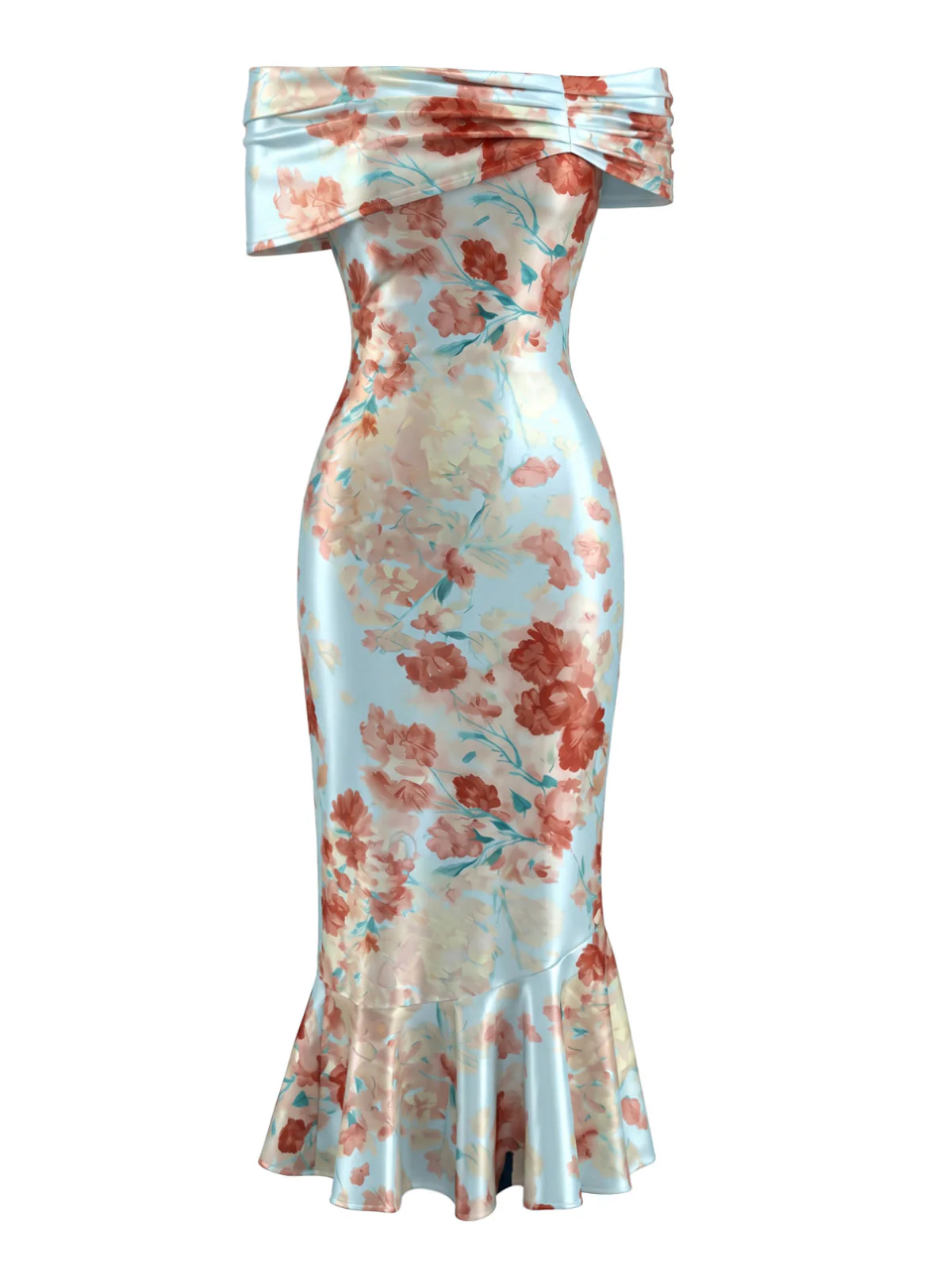 Robe sirène bleu clair satin motif floral et épaules dénudées années 1930 - Image 2