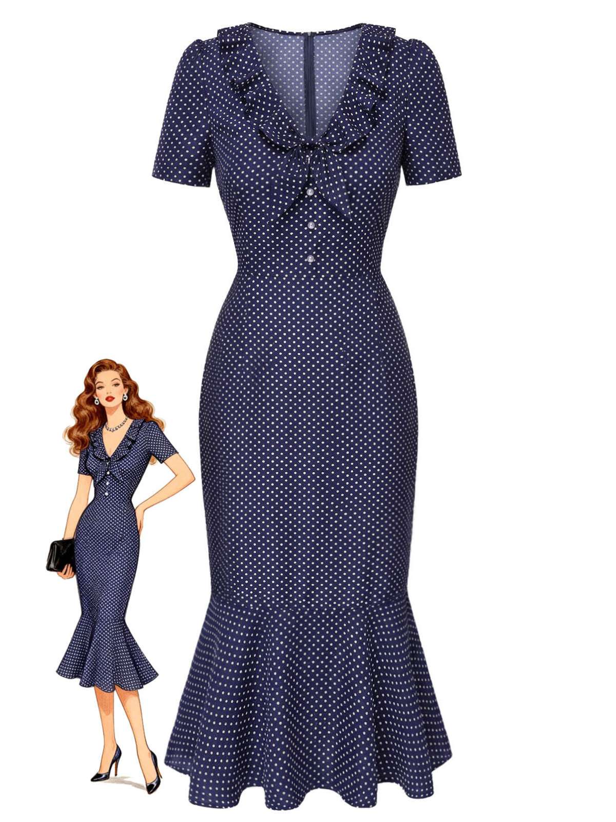 Robe sirène bleu foncé pois 1930s