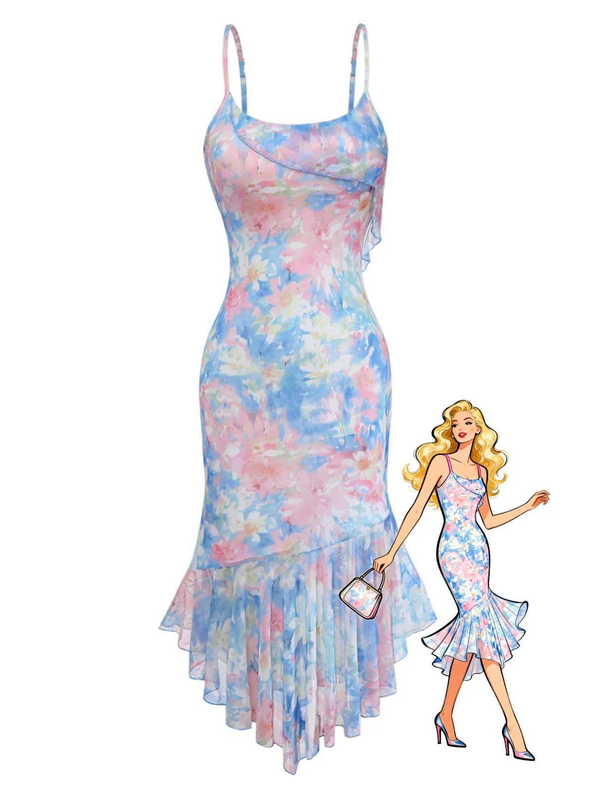 Robe sirène bleue bretelles spaghetti et ourlet volants fleuris années 1930
