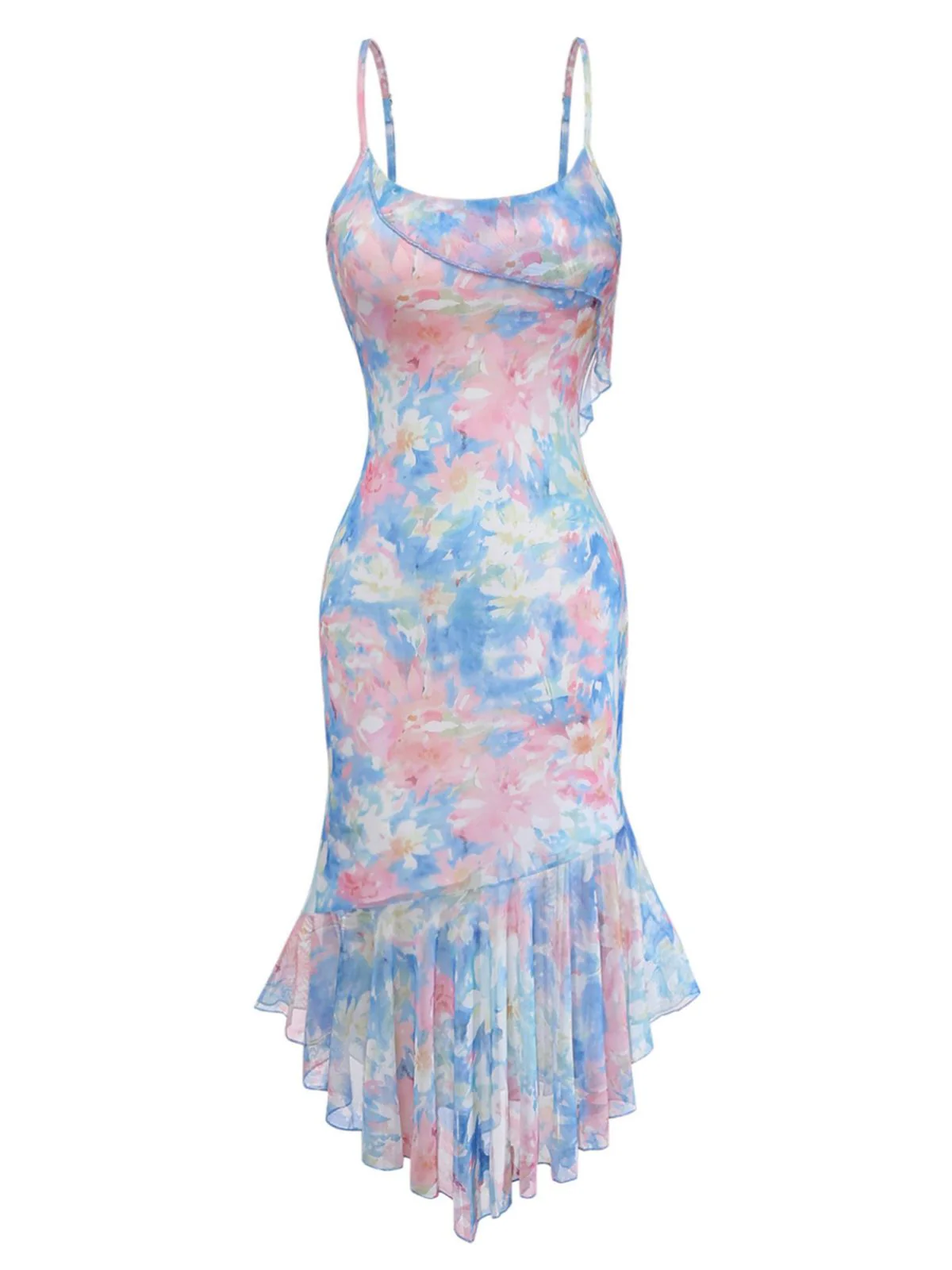 Robe sirène bleue bretelles spaghetti et ourlet volants fleuris années 1930 - Image 2