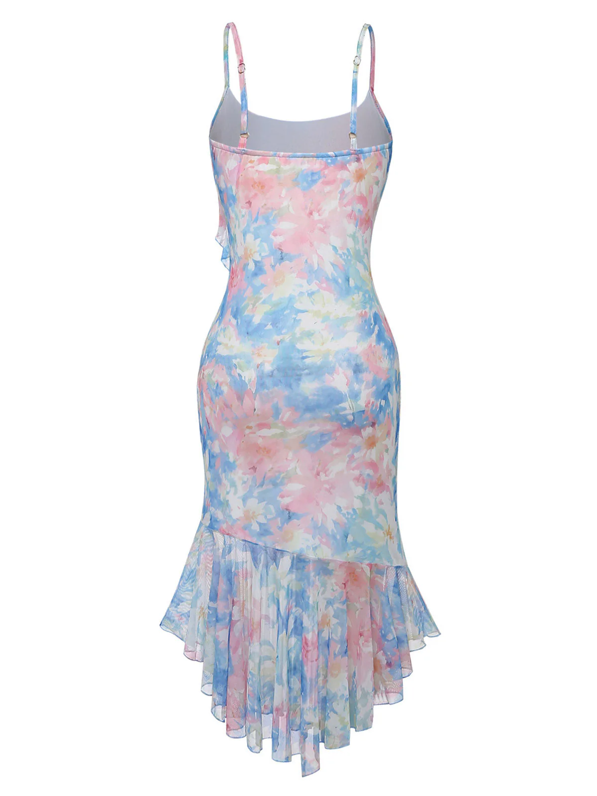 Robe sirène bleue bretelles spaghetti et ourlet volants fleuris années 1930 - Image 3