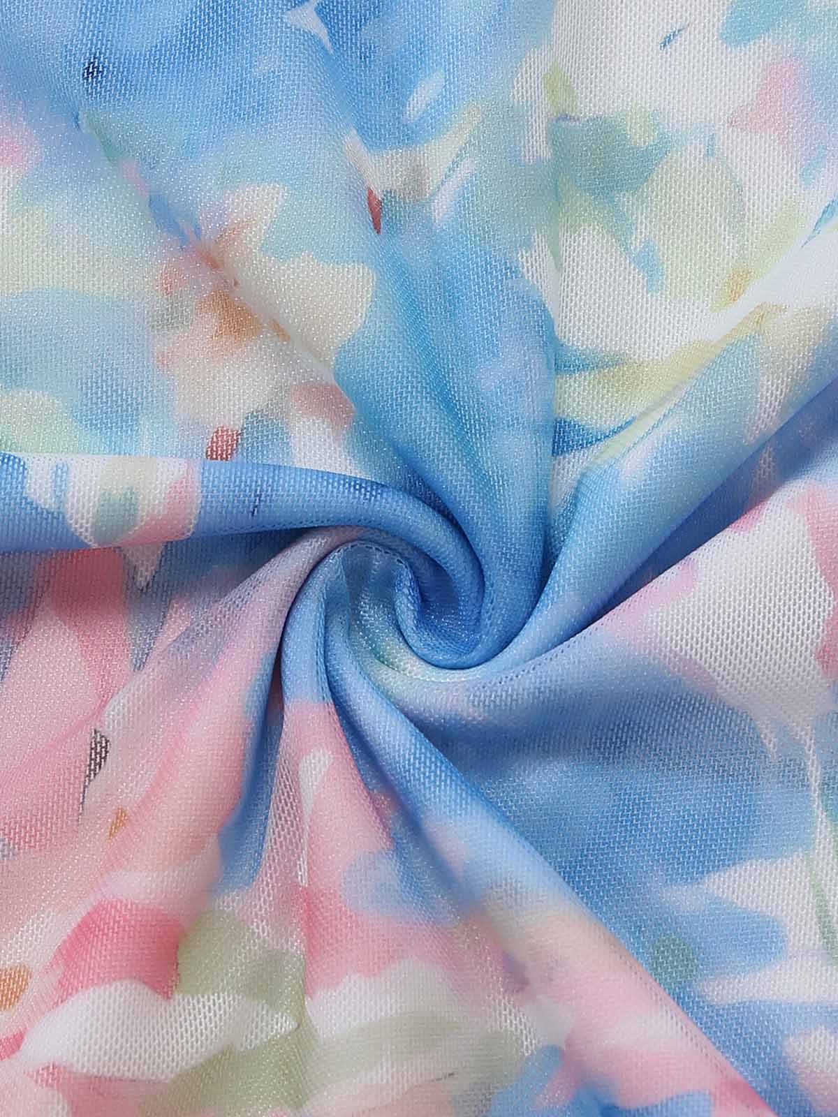 Robe sirène bleue bretelles spaghetti et ourlet volants fleuris années 1930 - Image 7