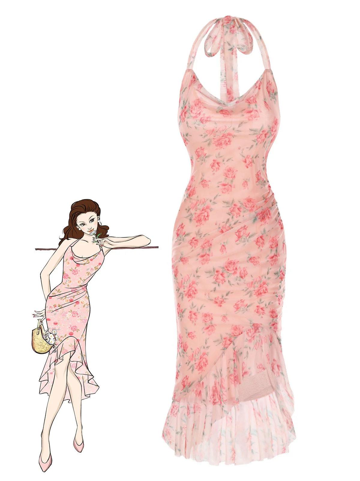 Robe sirène en maille de soie rose 1930s - Image 5