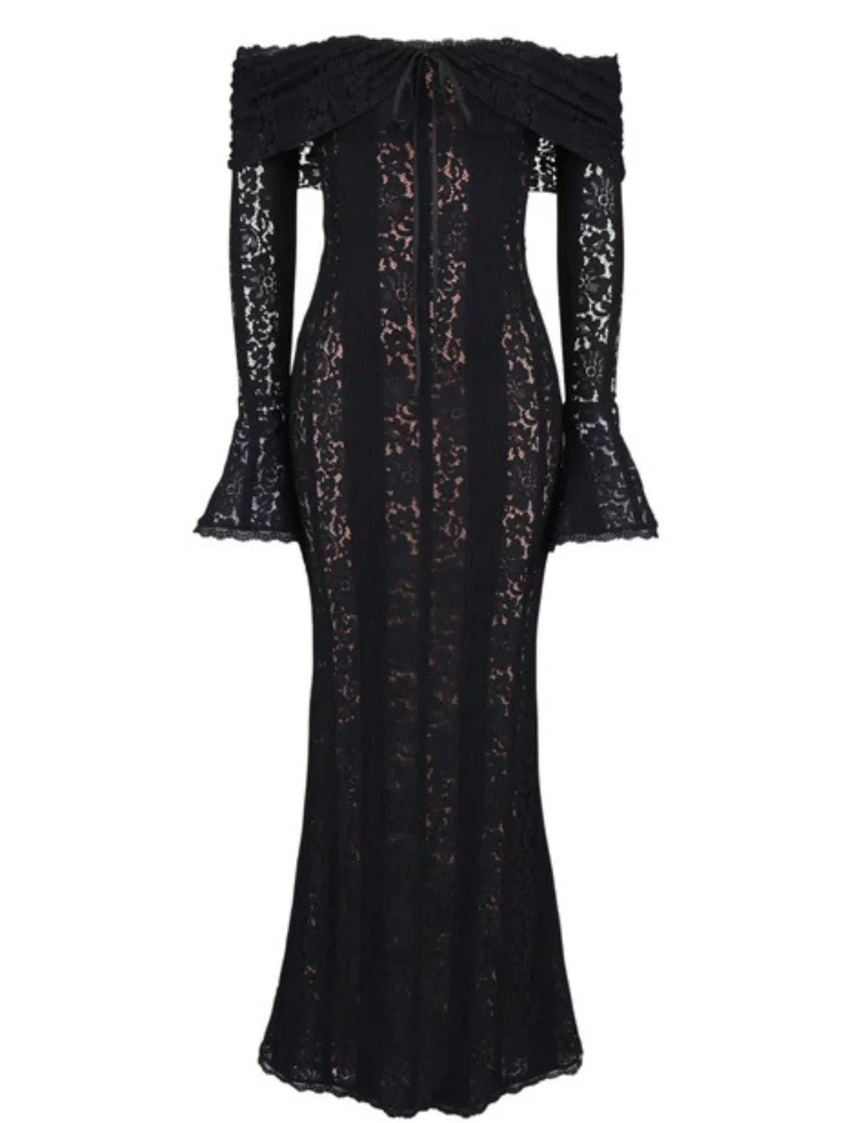 Robe sirène maxi en dentelle à épaules dénudées et manches évasées années 1930