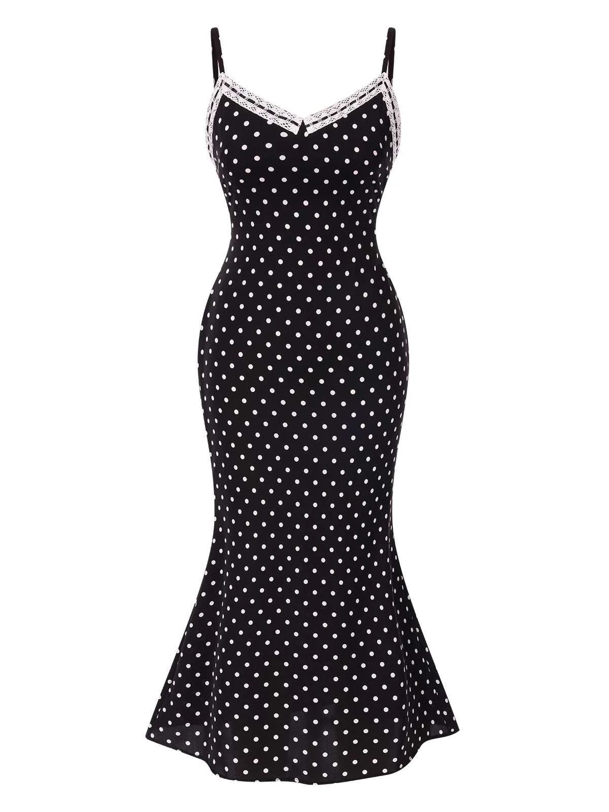 Robe sirène noire à pois et bretelles spaghetti des années 1930 - Image 2