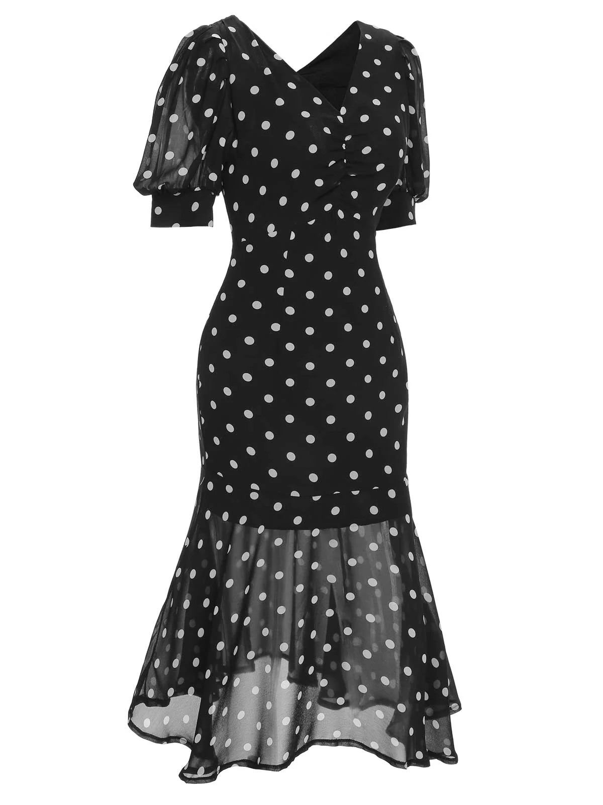 Robe sirène noire en mousseline à pois des années 1930 - Image 6