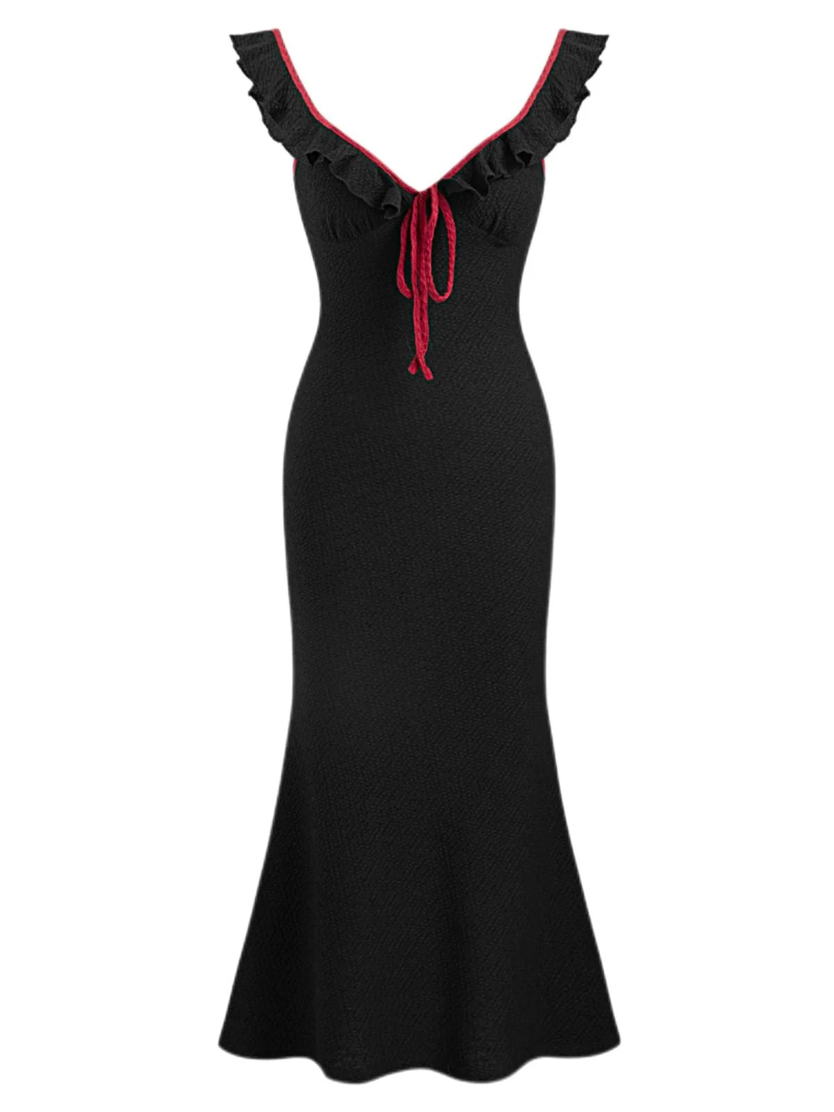 Robe sirène noire en tricot à volants et col en V des années 1930