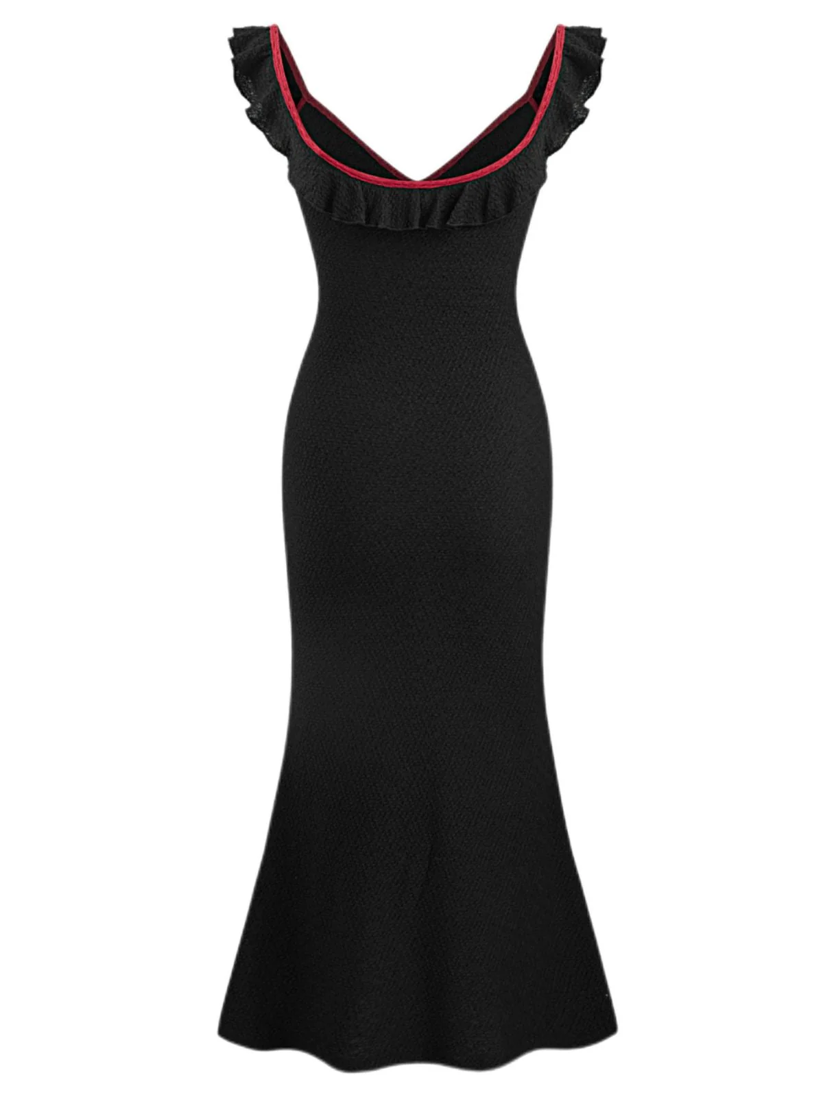 Robe sirène noire en tricot à volants et col en V des années 1930 - Image 2