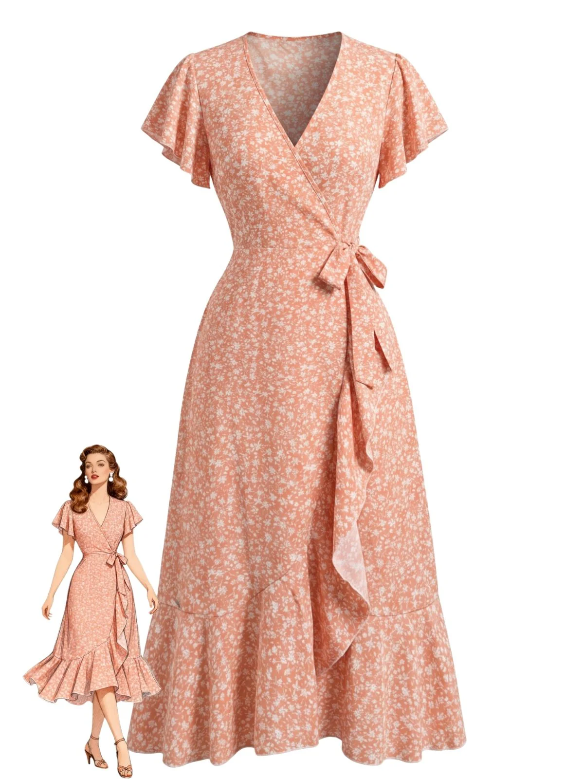 Robe sirène orange col V et motif floral délicat années 40