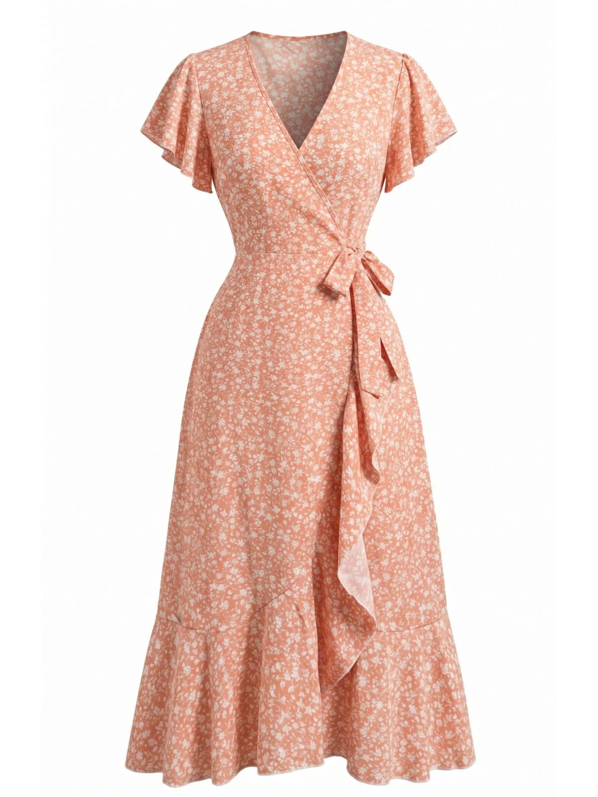 Robe sirène orange col V et motif floral délicat années 40 - Image 2