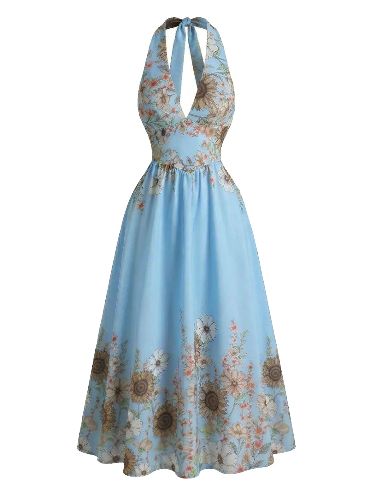 Robe Swing col V et dos nu motif tournesols et taille cintrée années 1950