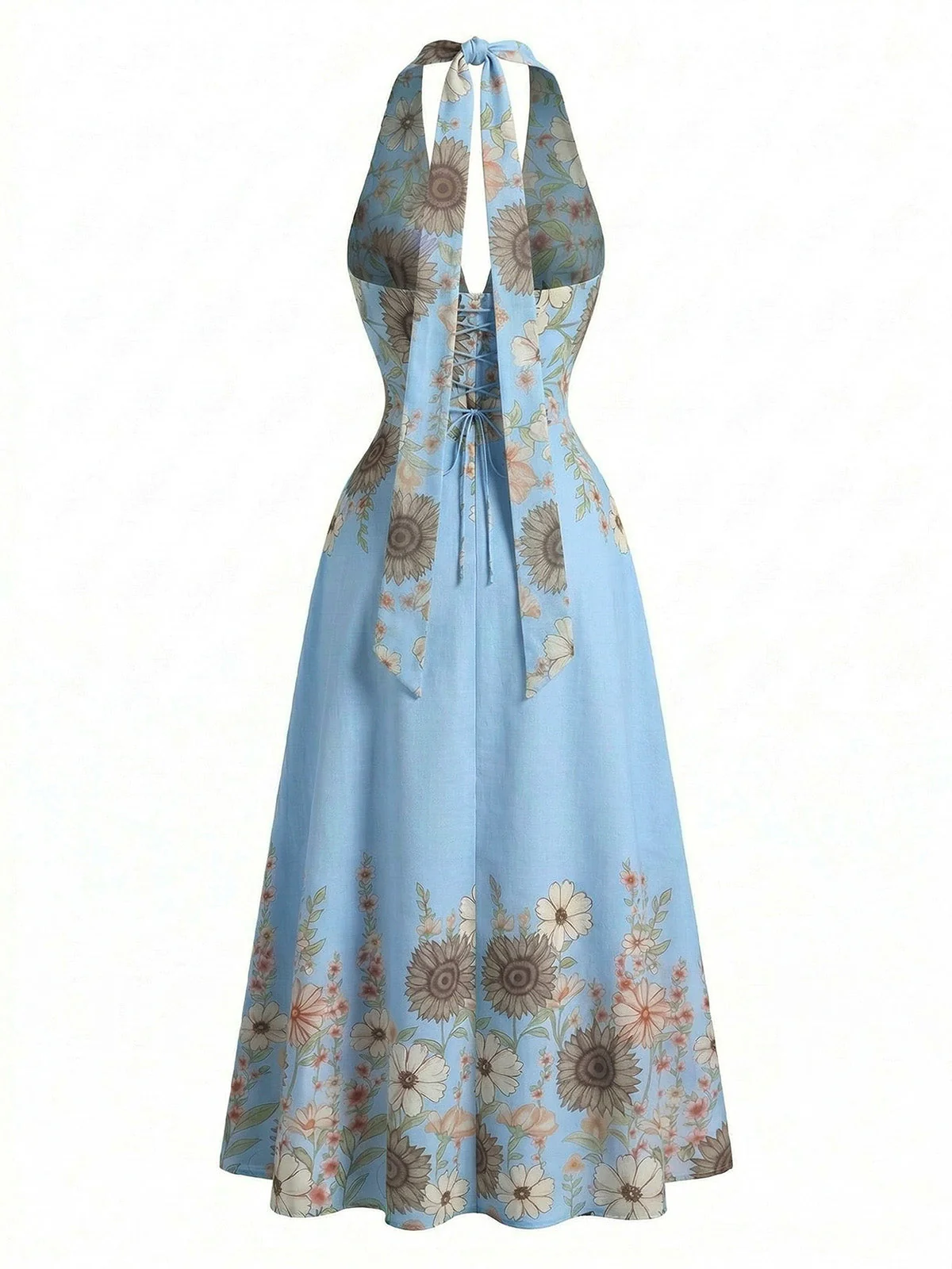 Robe Swing col V et dos nu motif tournesols et taille cintrée années 1950 - Image 2