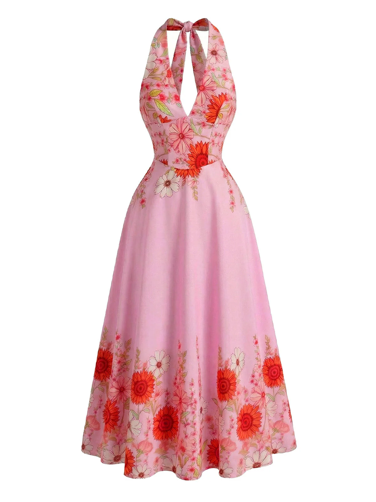 Robe Swing col V et dos nu motif tournesols et taille cintrée années 1950 - Image 5
