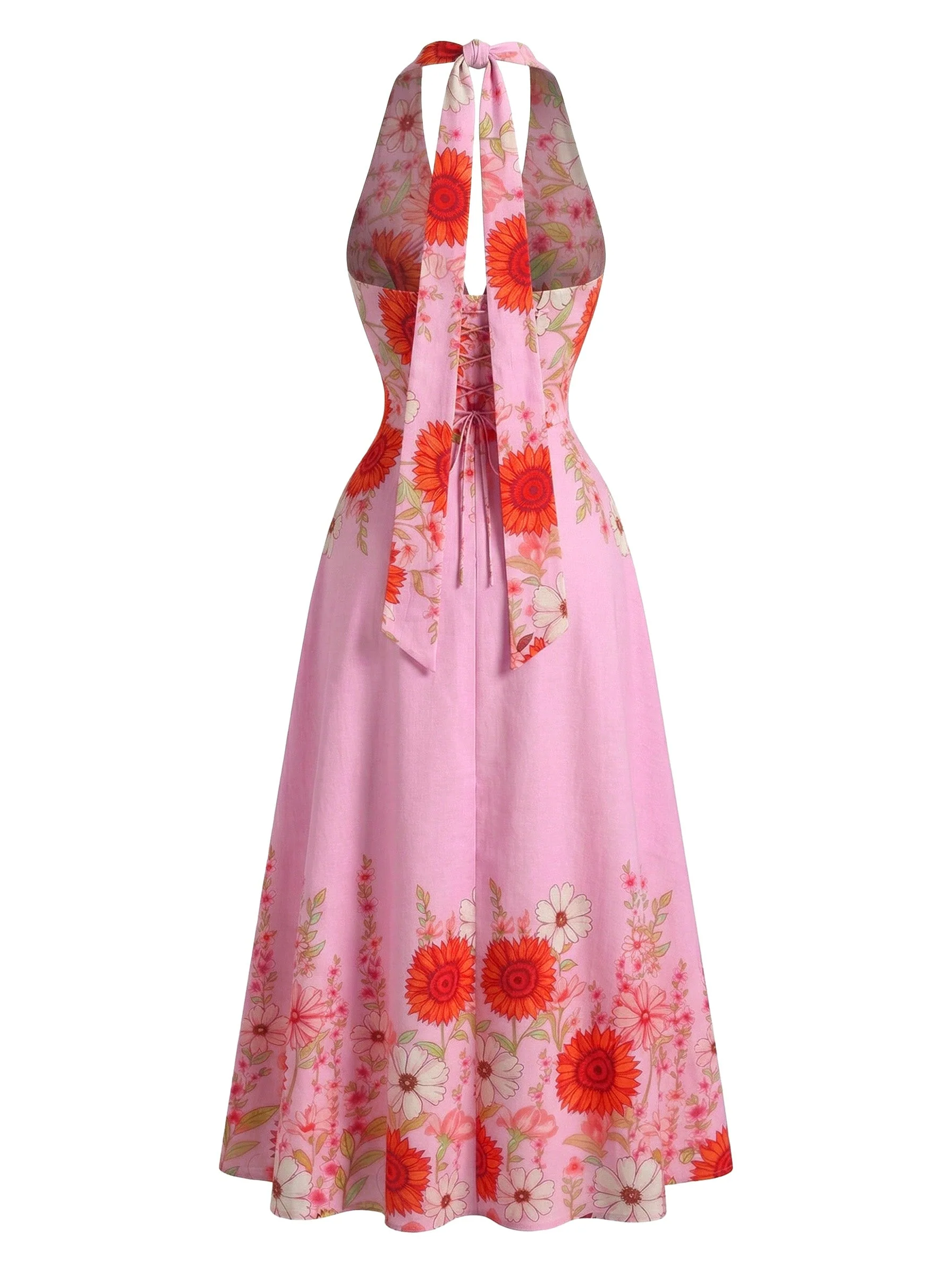 Robe Swing col V et dos nu motif tournesols et taille cintrée années 1950 - Image 6