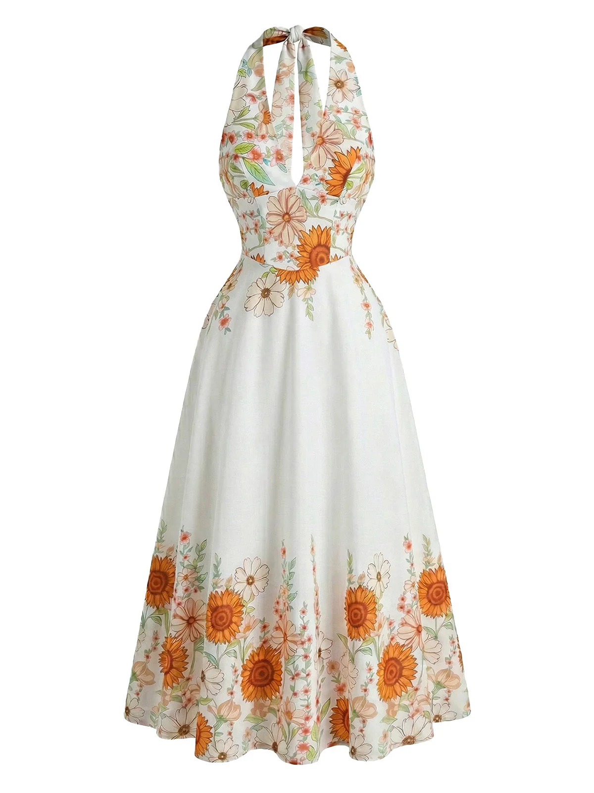 Robe Swing col V et dos nu motif tournesols et taille cintrée années 1950 - Image 8