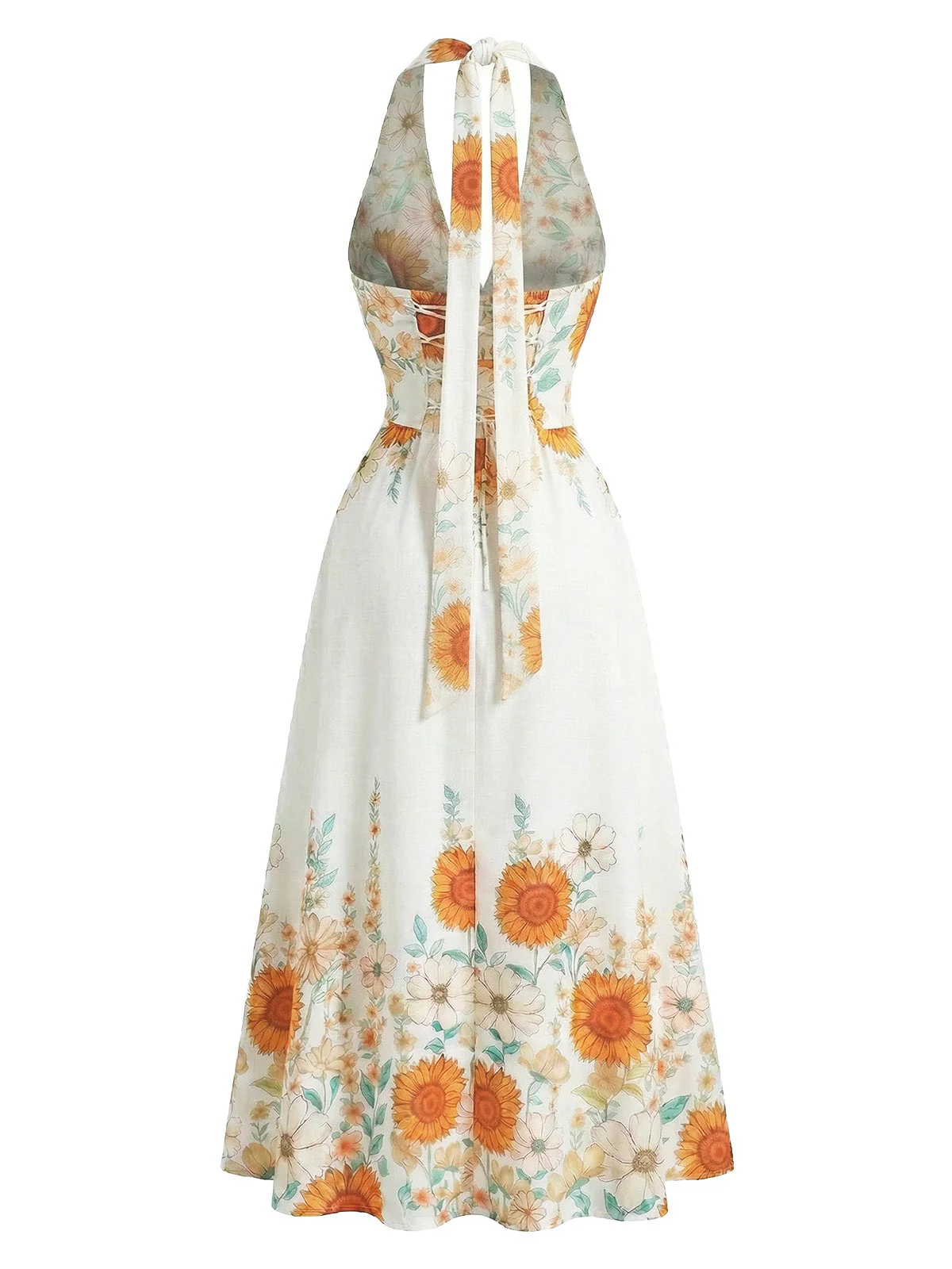 Robe Swing col V et dos nu motif tournesols et taille cintrée années 1950 - Image 9