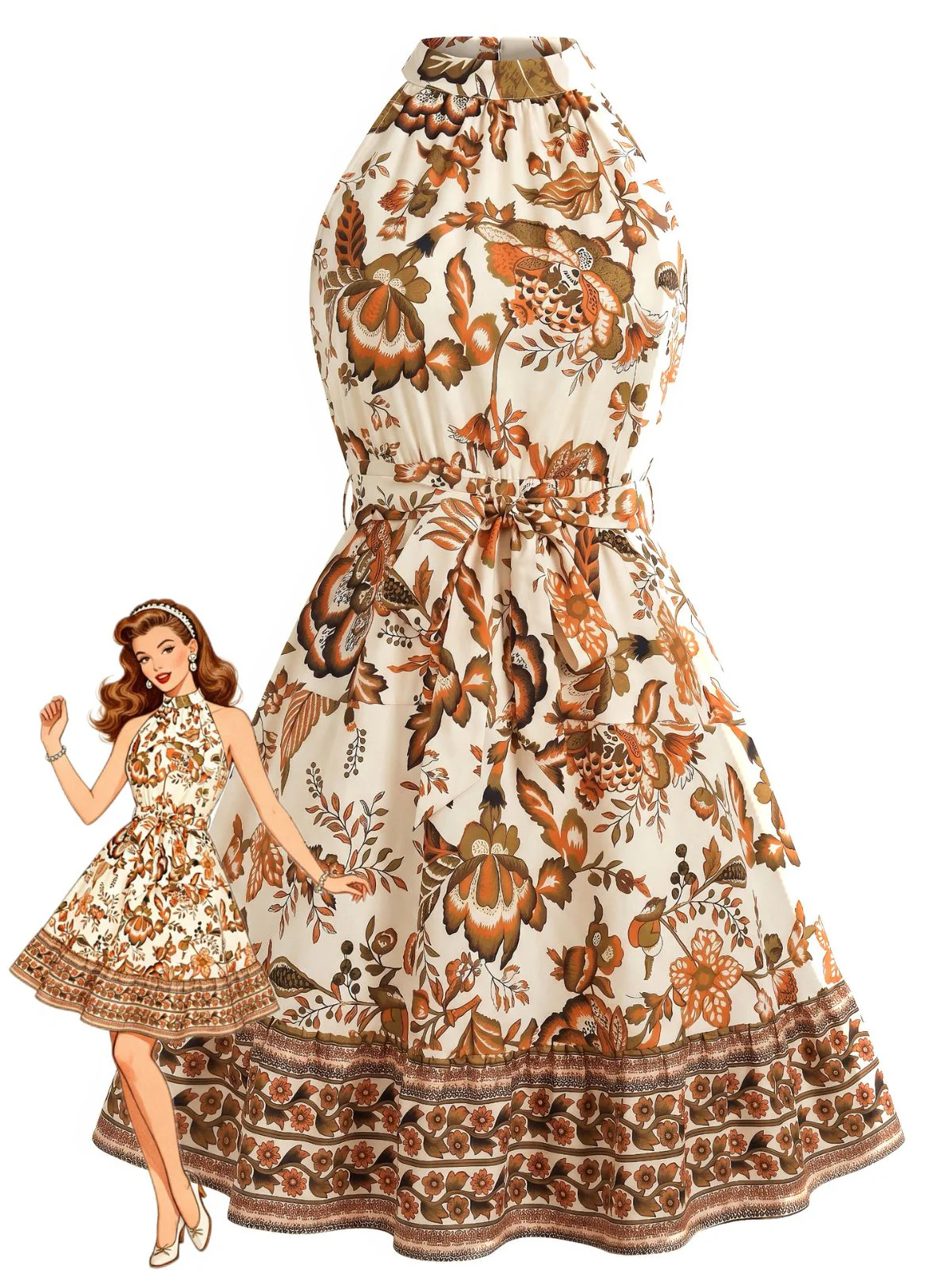 Robe swing florale dos nu et ceinturée années 50