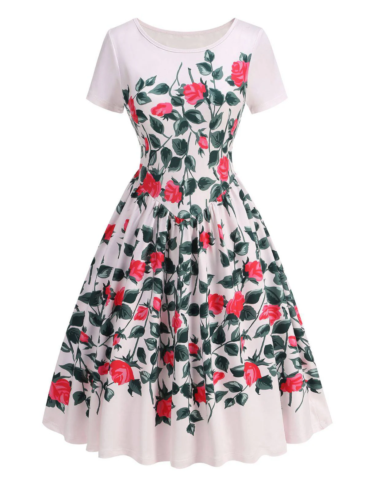 Robe swing motifs roses et feuilles vertes années 1950 - Image 2