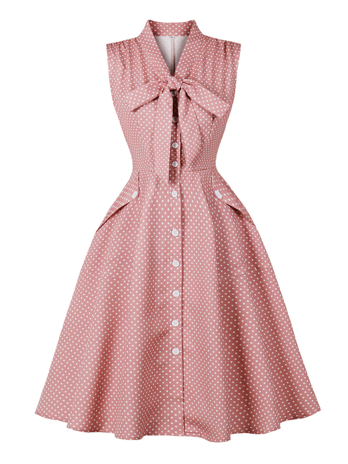 Robe swing rose à pois et nœud des années 50