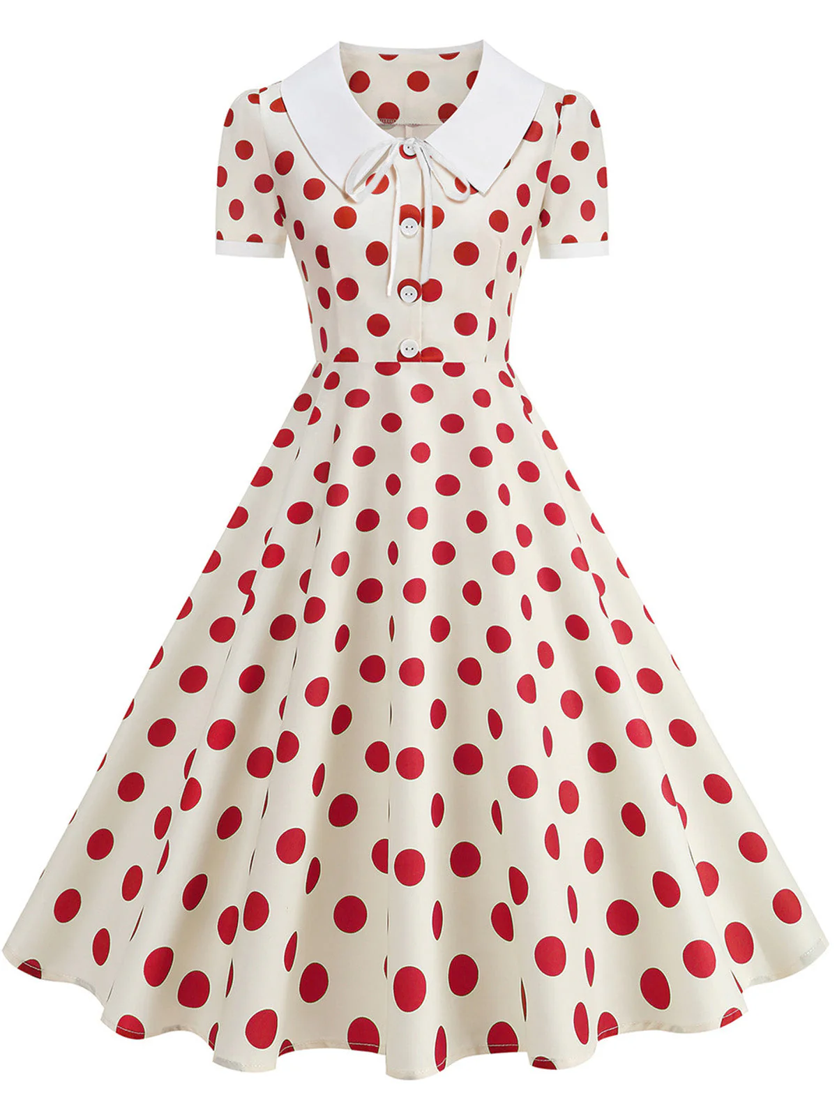 Robe Swing Beige Col Claudine à Pois Années 50