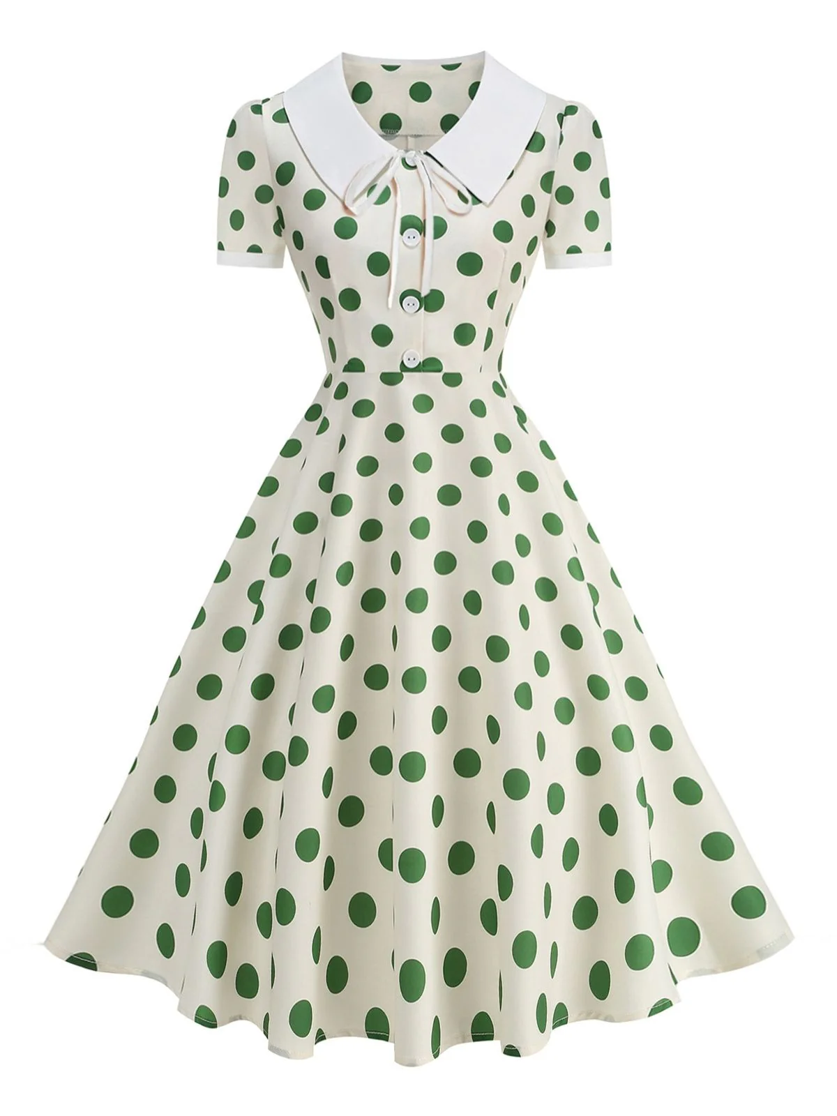 Robe Swing Beige Col Claudine à Pois Années 50 - Image 4