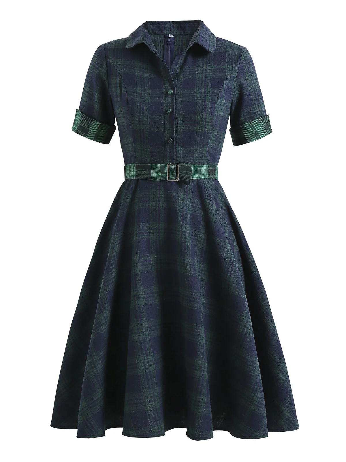 Robe Swing Verte Jaune Année 50 Boutonnée avec Ceinture - Image 6