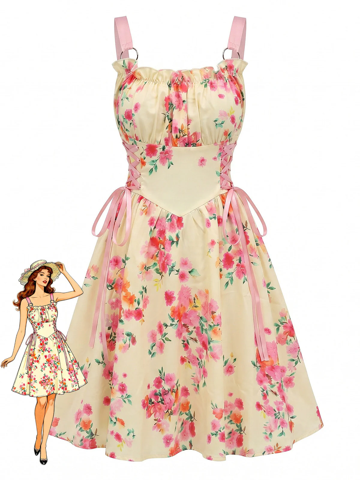 Robe Swing vintage dentelle florale lacets années 1950