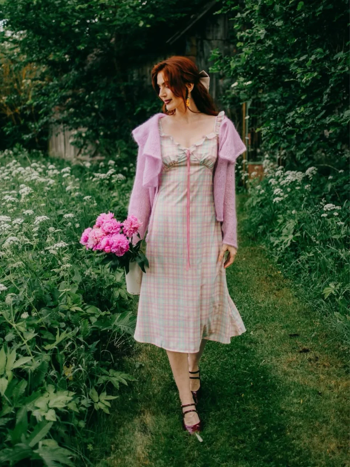 Robe swing volants nœud col cœur carreaux pastels 1950s - Image 2