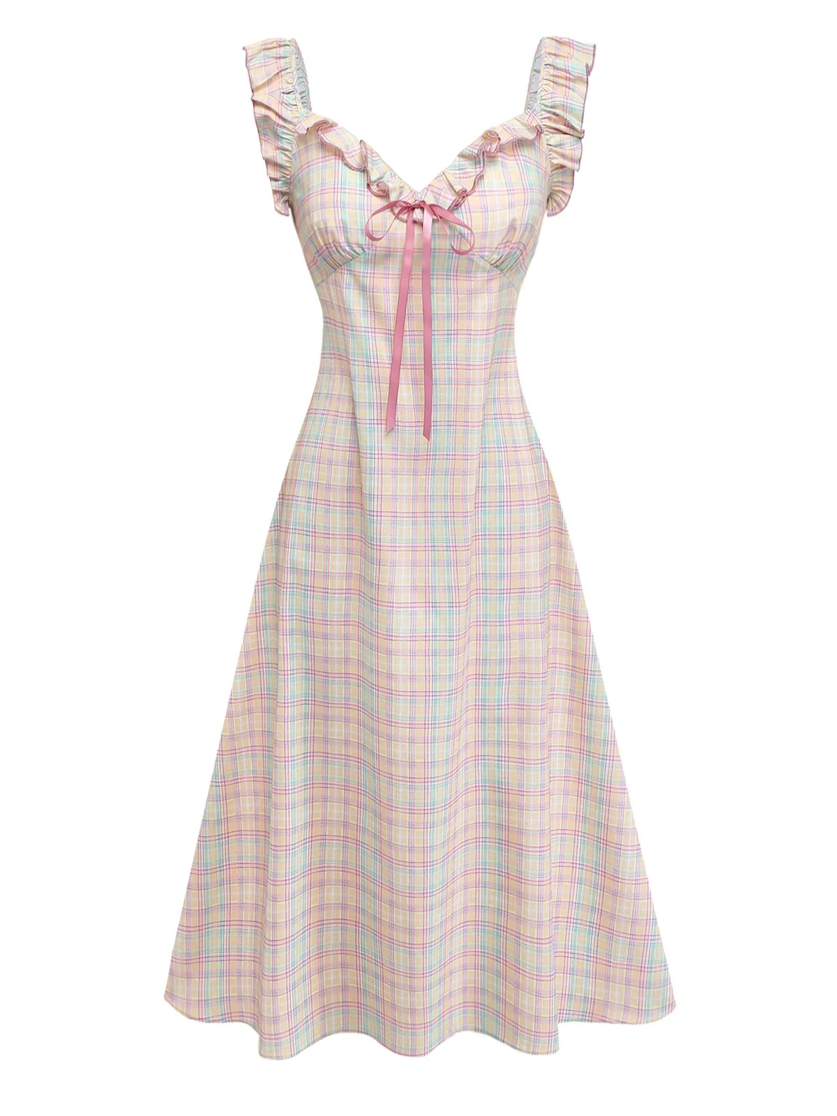 Robe swing volants nœud col cœur carreaux pastels 1950s - Image 3